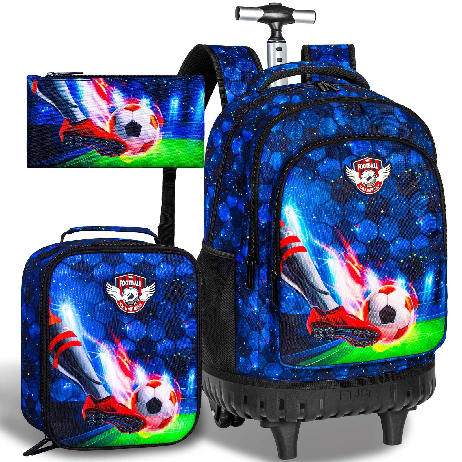 CCJPX 3PCS Rolling Backpack for Boys - 21 Inch Water Resistant Wheeled Soccer Backpack with Roller Wheels, Durable Football Bookbag for Teens & Elementary School Students - Perfect for Travel, Sports & Daily Use - Blue
