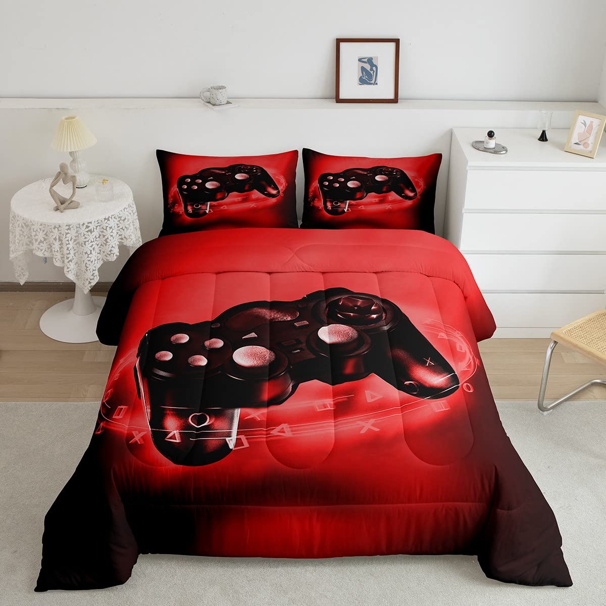 Feelyou Gaming Comforter Set - Video Game Themed Bedding for Teens & Boys - Red & Black Gamer Duvet Cover with Controller Design - Full/Queen Size Comforter & 2 Pillowcases - Perfect for Gaming Rooms, Teen Bedrooms & Sleepovers