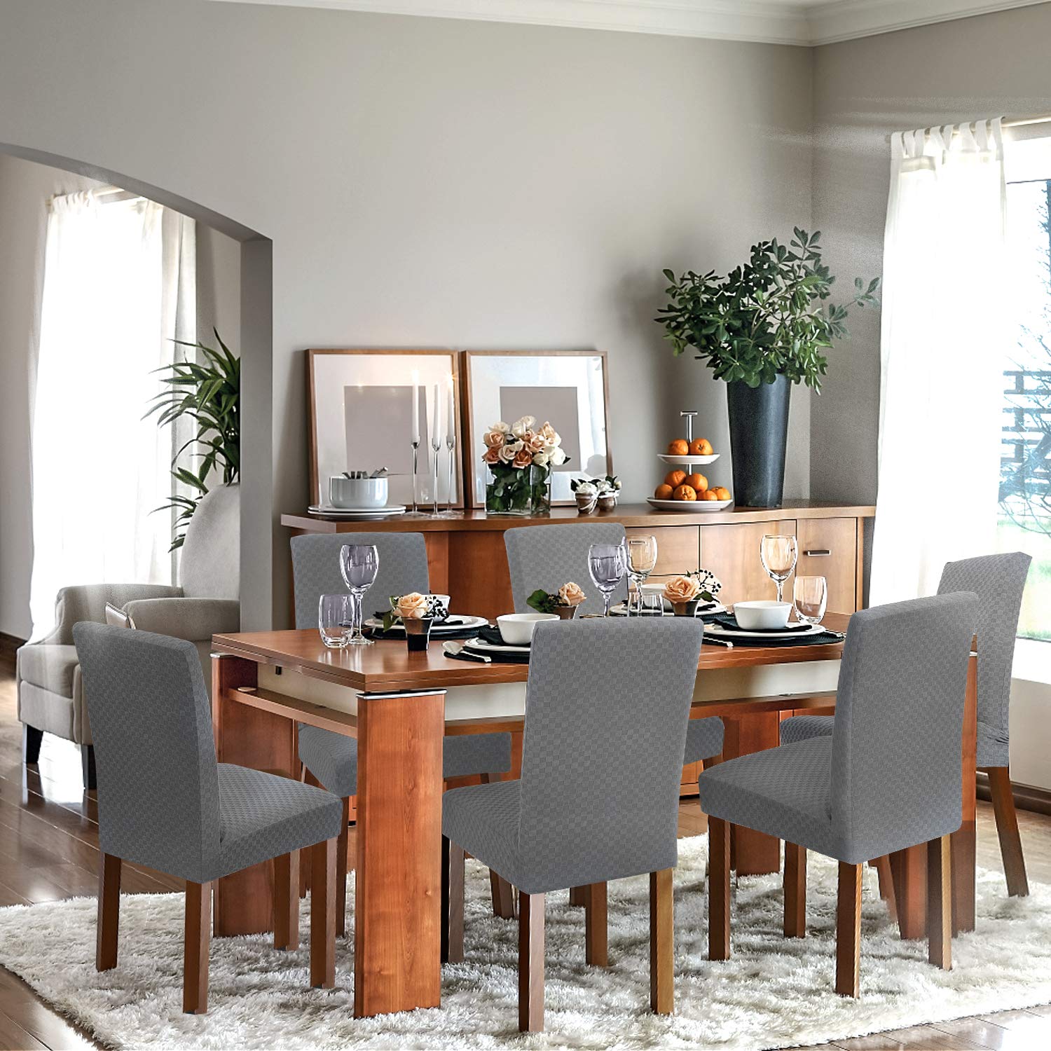 YEMYHOM 4-Pack Stretch Checkered Dining Chair Slipcovers - Washable Parsons Chair Covers for Kitchen, Restaurant & Party Furniture Protection (Light Gray) | Spill-Proof & Stylish Seat Covers for Home Dining & Commercial Use