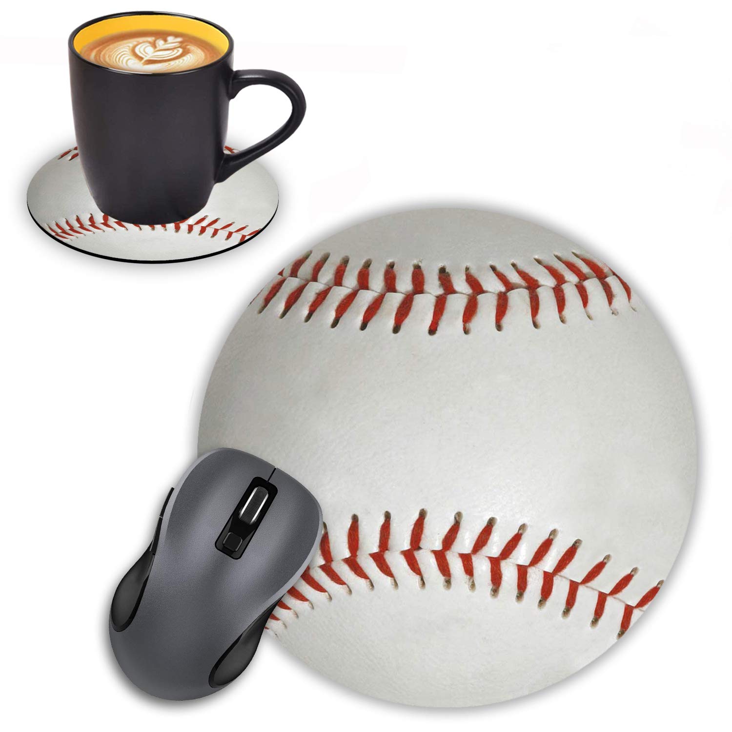 Baseball Design Non-Slip Rubber Mouse Pad with Coasters Set - Round Gaming & Office Desk Accessories for Computer, Laptop - Perfect for Work, Gaming & Home Office Decor