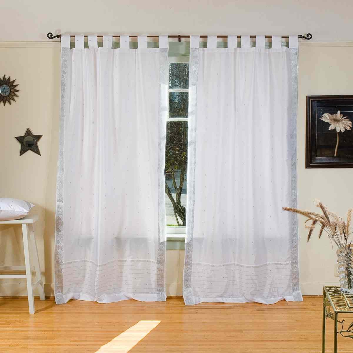 Indian Selections Lined White Silver Tab Top Sheer Sari Curtain Drape - 60 Inches Wide x 63 Inches Long - Elegant Window Treatment for Living Room & Bedroom