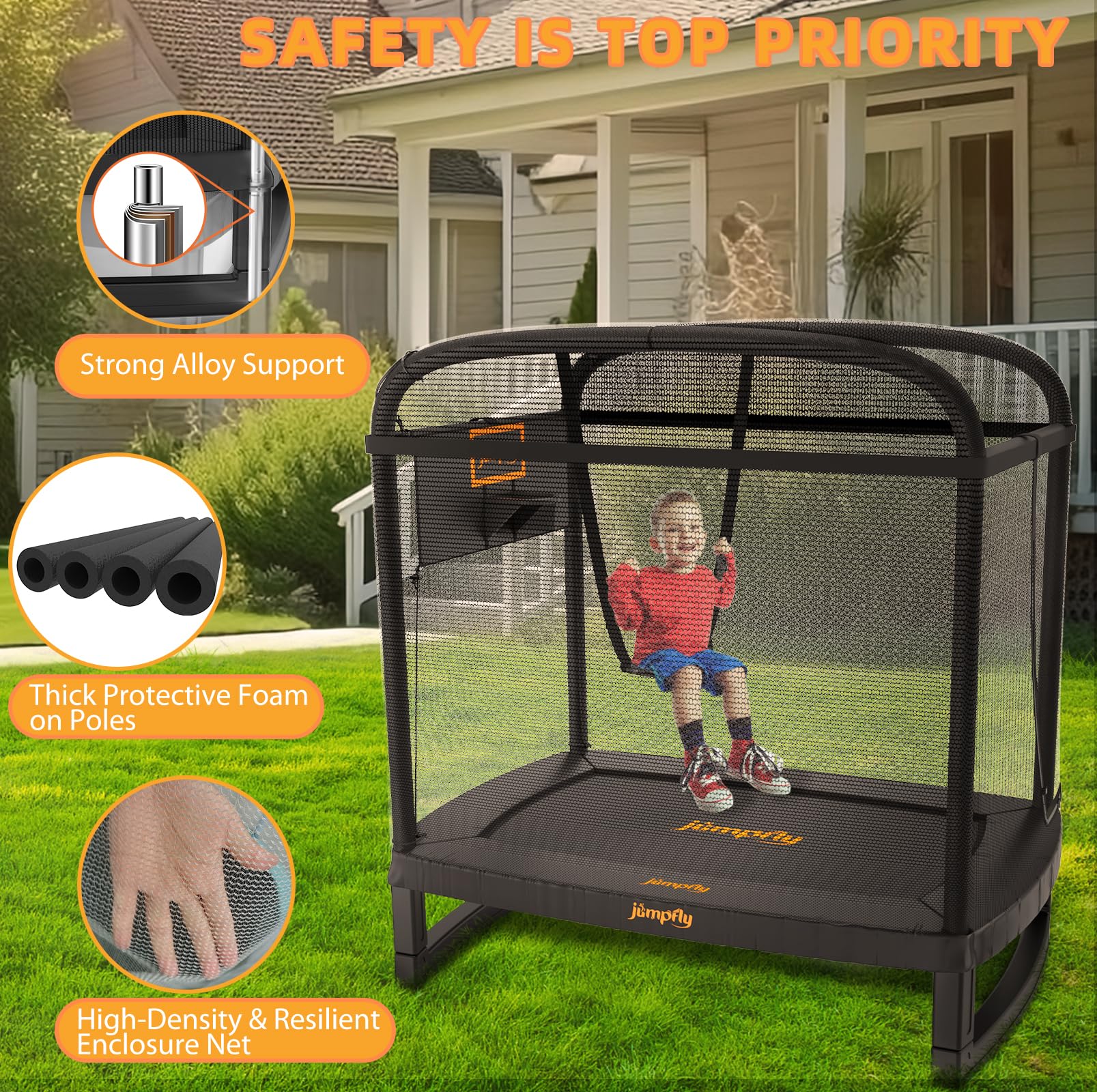 JumpFly 6FT Kids Trampoline with Swing & Basketball Hoop - ASTM Approved Mini Trampoline for Toddlers Age 3+ | Indoor/Outdoor Rectangle Trampoline with Safety Enclosure | Perfect for Backyard Play, Exercise & Birthday Gifts