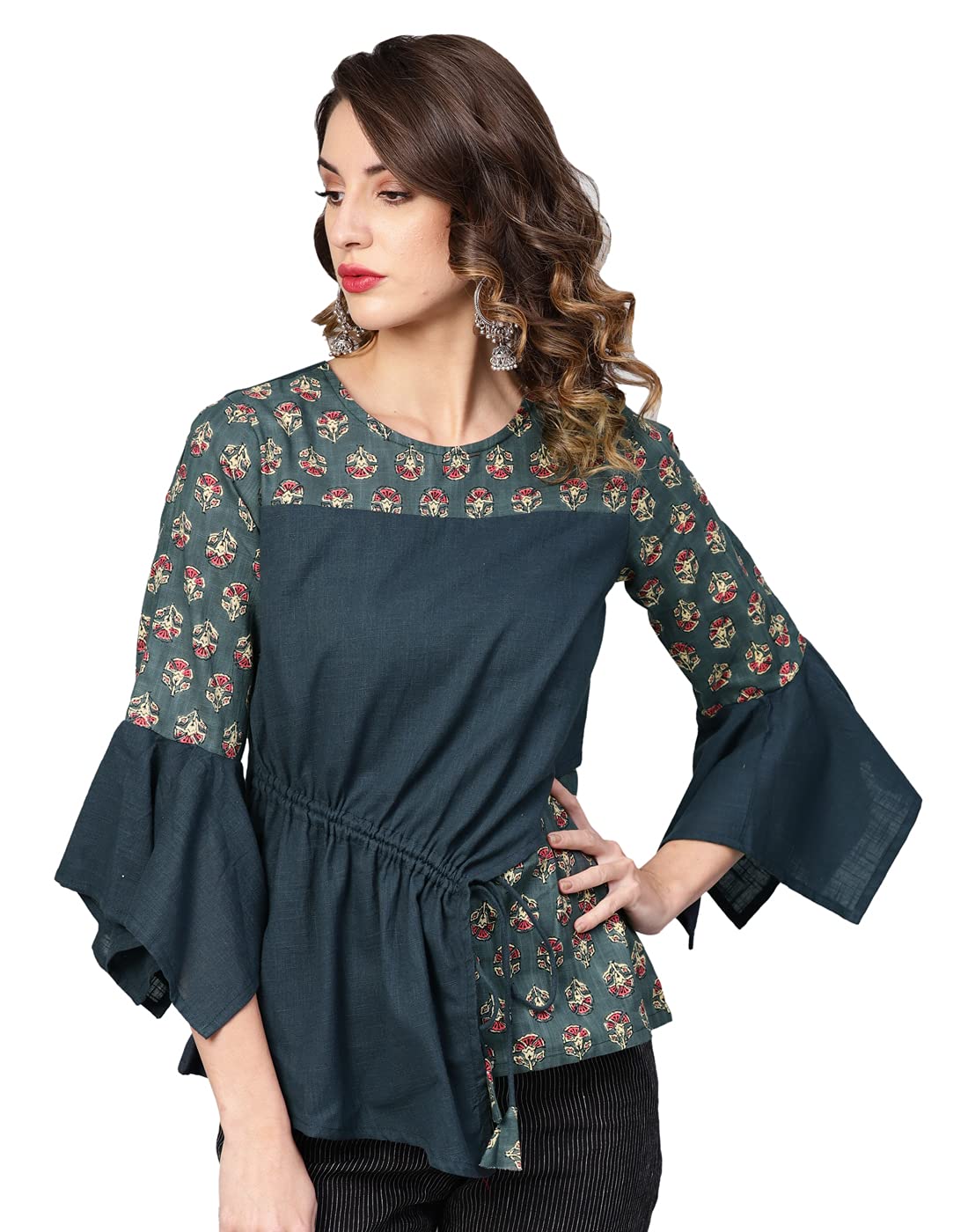 Yash Gallery Women's Indian Cotton Slub Floral Print Bell Sleeve Summer Top | Breathable Casual Blouse for Beach, Vacation & Boho Outfits