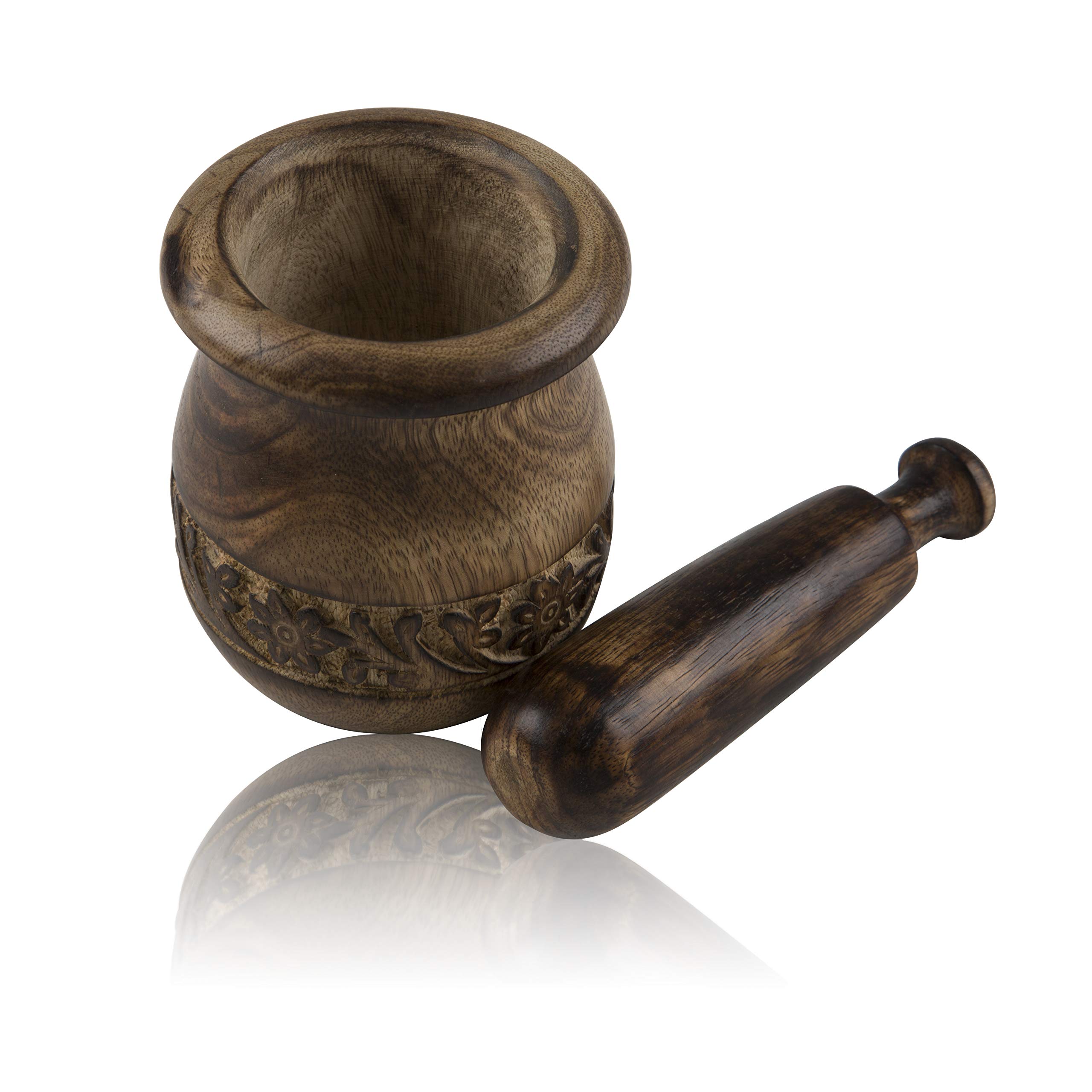 Handmade Wooden Mortar and Pestle Set - Natural Rustic Herb Grinder, Spice Mixer, Masala Crusher for Kitchen - Perfect for Grinding Herbs, Spices, Pills & Seasonings - Ideal Housewarming Gift & Kitchen Utensil for Home Cooks
