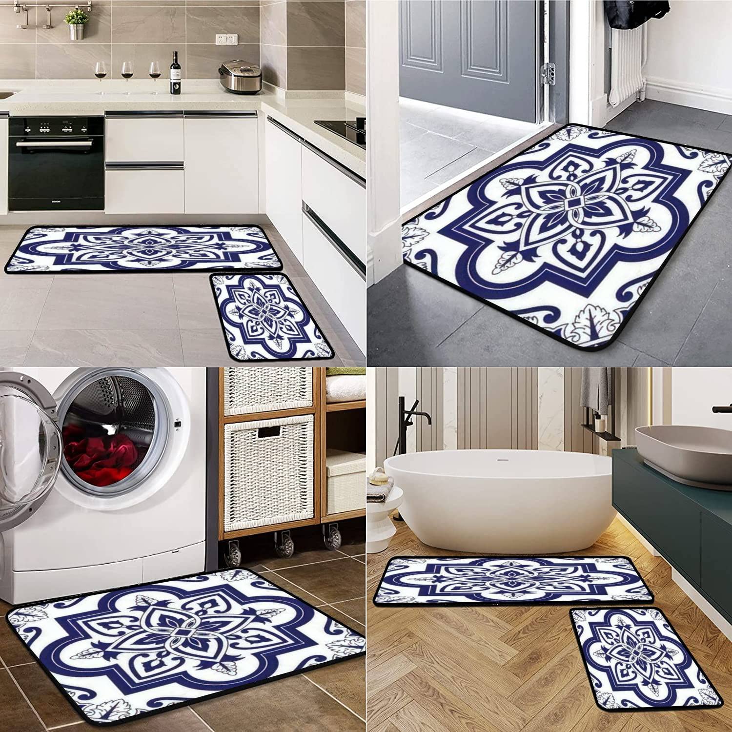 Delft Dutch Tile Kitchen Rugs Set - Non-Slip Washable Floor Mats for Kitchen & Bath Decor