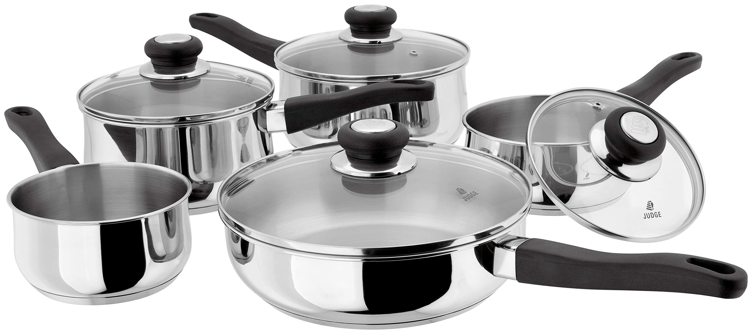 Judge Vista JJC2A 5-Piece Stainless Steel Cookware Set - 24cm Saute Pan, 16/18/20cm Saucepans with Lids & 14cm Milk Pan - Induction Compatible - 25 Year Warranty - Perfect for Home Cooking, Professional Kitchens & Induction Stovetops