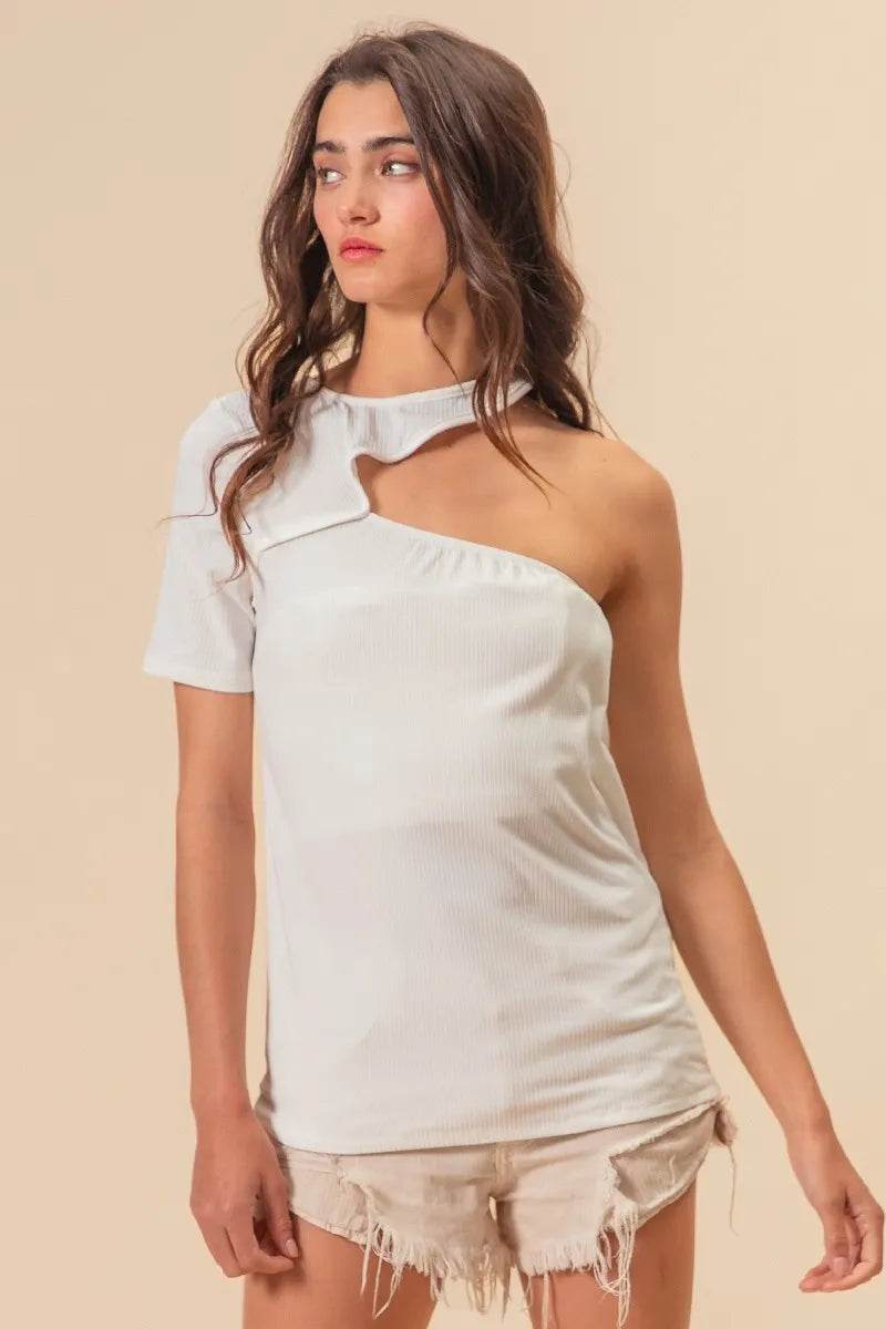 BiBi Soft Rib Knit Cut Out One Shoulder Top - Women's Fashion Stretch Knit Blouse for Casual Wear, Night Out, and Party Outfits