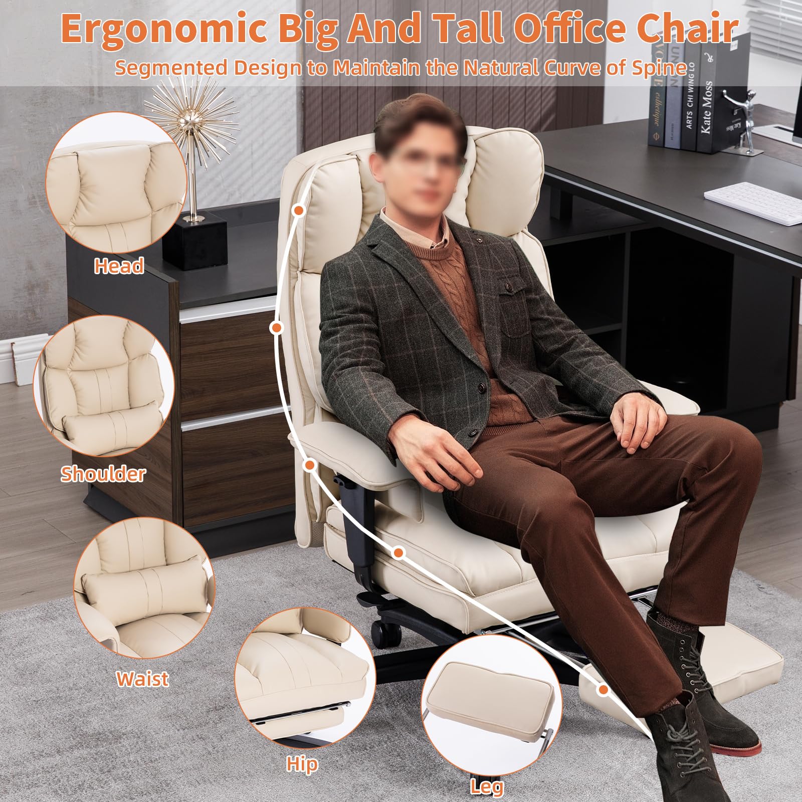 Big and Tall Office Chair 500lbs Capacity - Wide Seat Executive Desk Chair with High Back, Footrest & Ergonomic Lumbar Support - Leather Computer Gaming Chair for Heavy People - Perfect for Home Office, Gaming Setup and Professional Workspaces