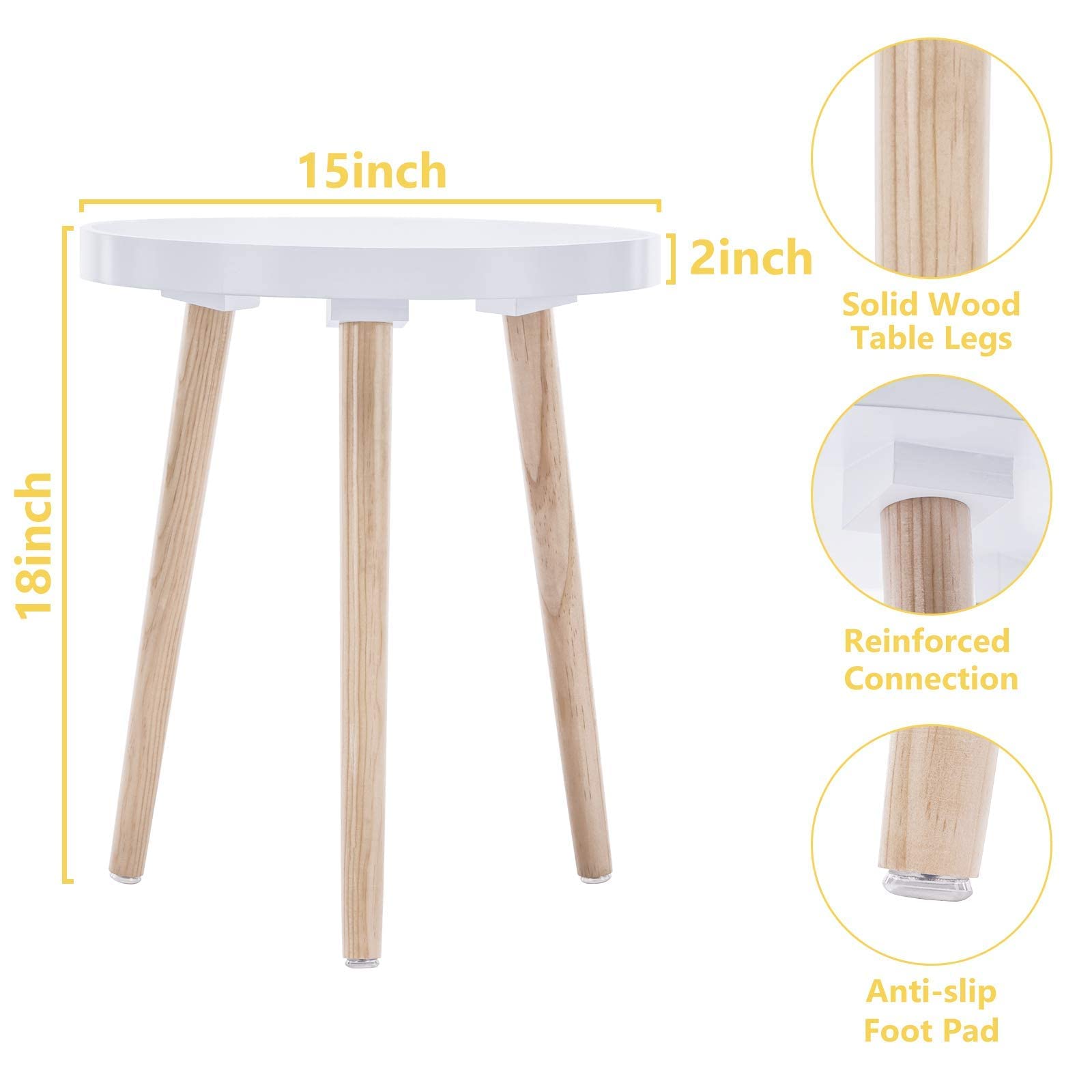 Apicizon Round Side Table with White Tray - 15 x 18 Inch Nightstand, Coffee End Table for Living Room, Bedroom & Small Spaces - Easy Assembly Bedside Table for Home Decor, Studio Apartments & Dorm Rooms
