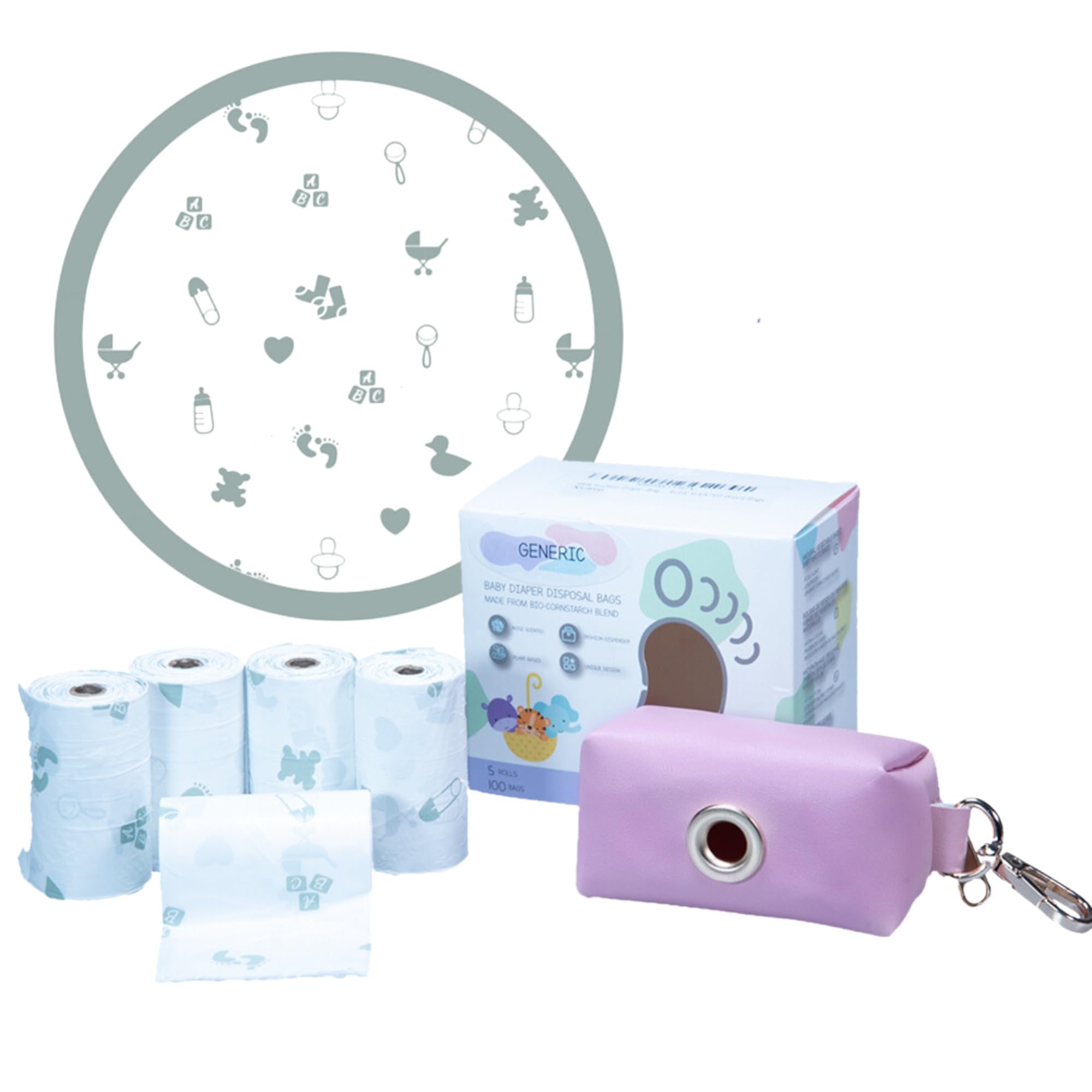 **Pink Portable Diaper Bag Dispenser - 100 Rose Scented & Compostable Diaper Bags | Leak Proof & Eco-Friendly | Must-Have Baby Essentials for Diaper Changes On The Go | Perfect for Travel, Stroller, and Nursery Use**