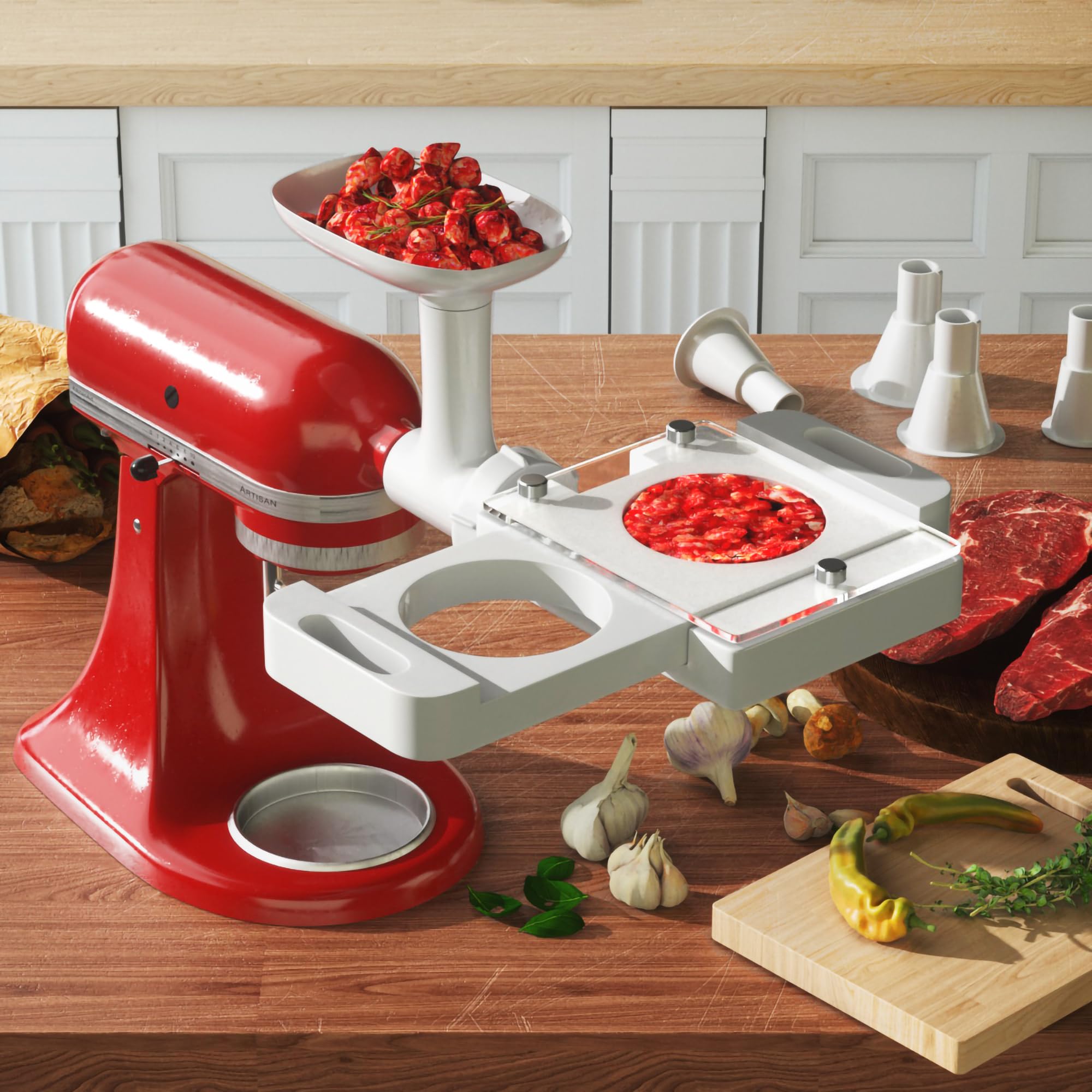 **Besuerte Automatic Hamburger Patty Maker with 5 Adapter Tubes – Compatible with KitchenAid & LEM Meat Grinders – Perfect for BBQ, Burgers, and Meal Prep**