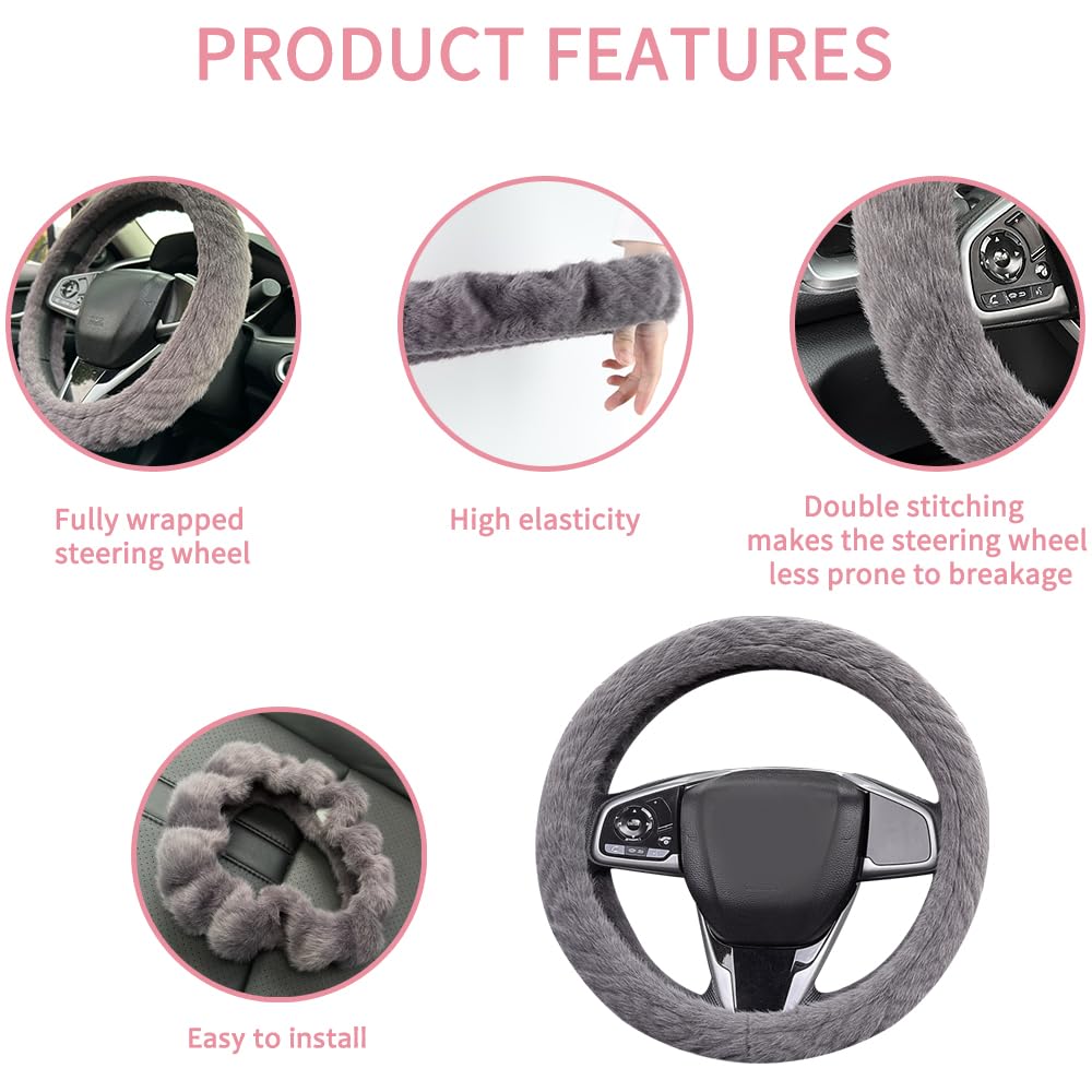 Fluffy Plush Steering Wheel Cover for Women - Soft, Non-Slip & Winter Warm Universal Fit 14-15 Inch (Grey) - Perfect for Cold Weather Driving & Car Interior Decoration