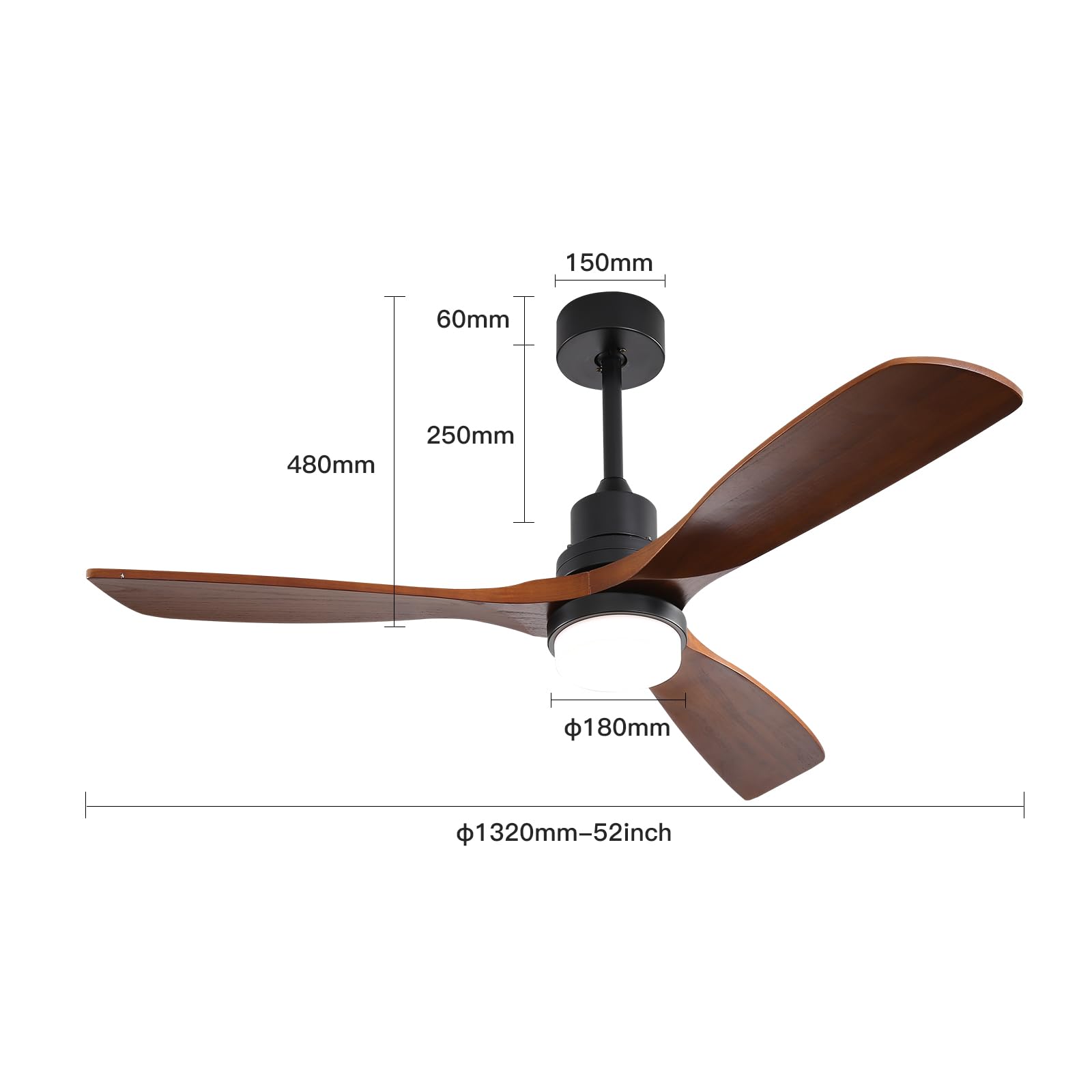 52 Inch Walnut Ceiling Fan with Light and Remote Control - 3 Wooden Blades, Dimmable 3-Color LED Light, 6-Speed DC Reversible Silent Motor for Living Room, Bedroom, and Office