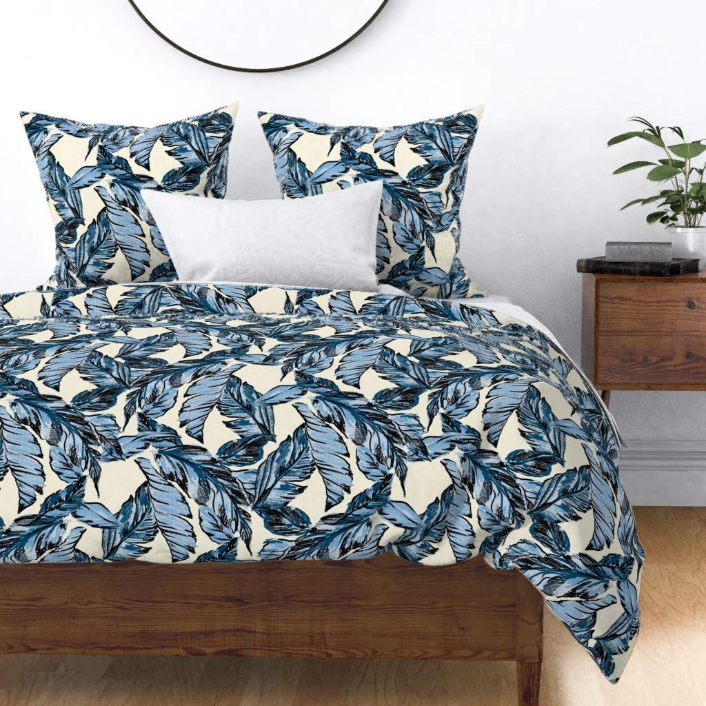 Custom Palm Sketch Indigo Leaf Banana Tropical Blue Tree Navy Print Cotton Sateen Duvet Cover for King/California King Beds | Soft & Breathable Bedding for Tropical, Coastal, or Bohemian Bedroom Decor