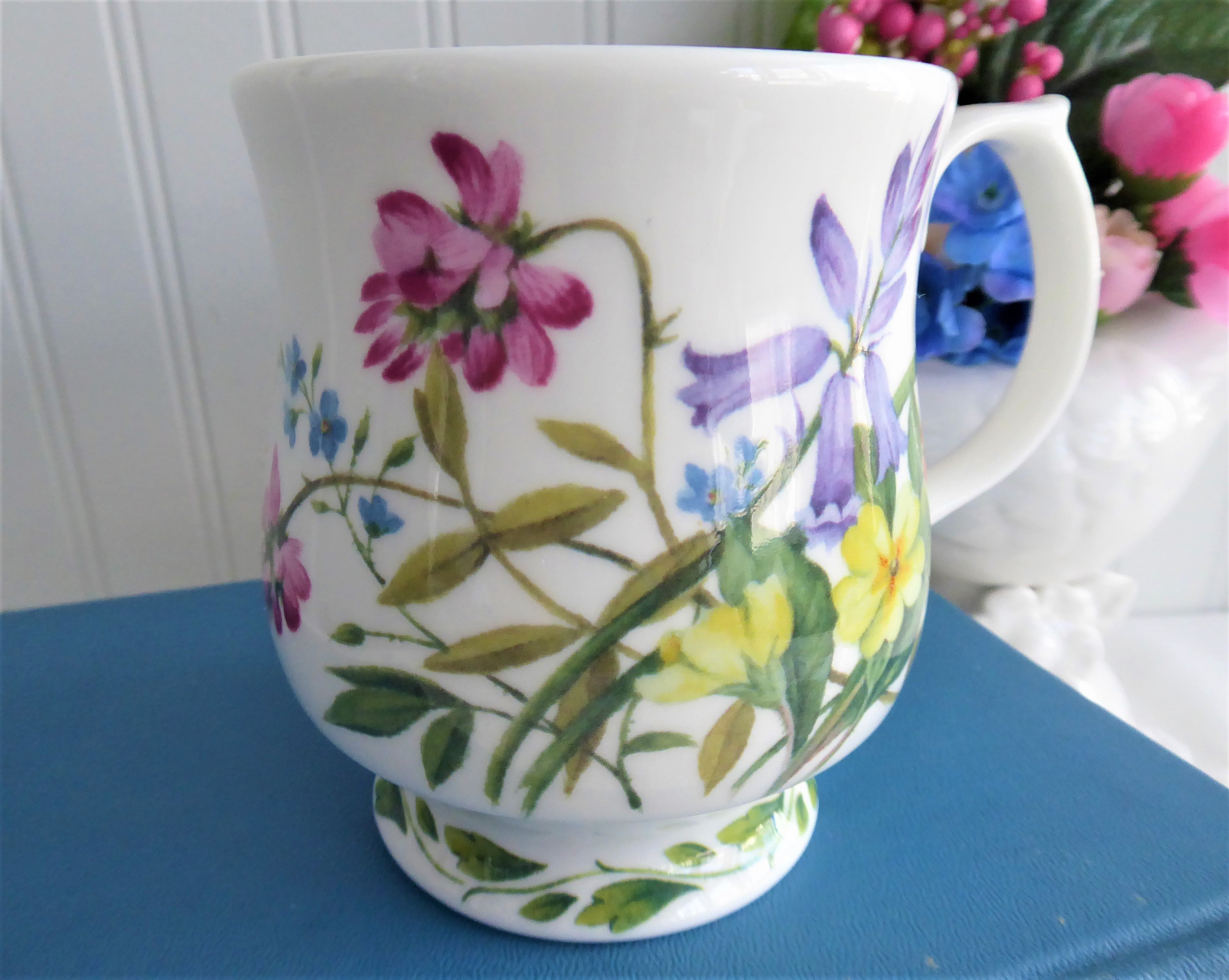 Vintage 1990s English Bone China Mug with Buttercups, Harebells & Clover Floral Design - RHS Queens Collection - Perfect for Tea Time & Collectible Display