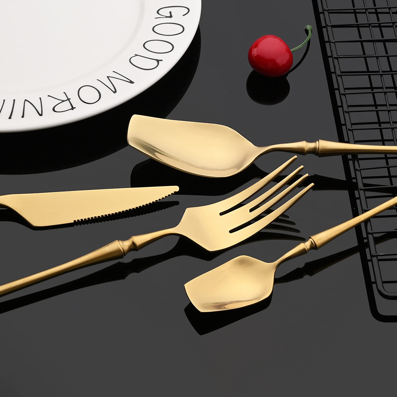 Premium 24-Piece Square Head Flatware Set - 304 Stainless Steel Silverware Service for 6 (Spoons, Knives, Forks) - Luxury Matte Finish, Dishwasher Safe - Gold - Perfect for Dinner Parties, Wedding Gifts & Upscale Dining