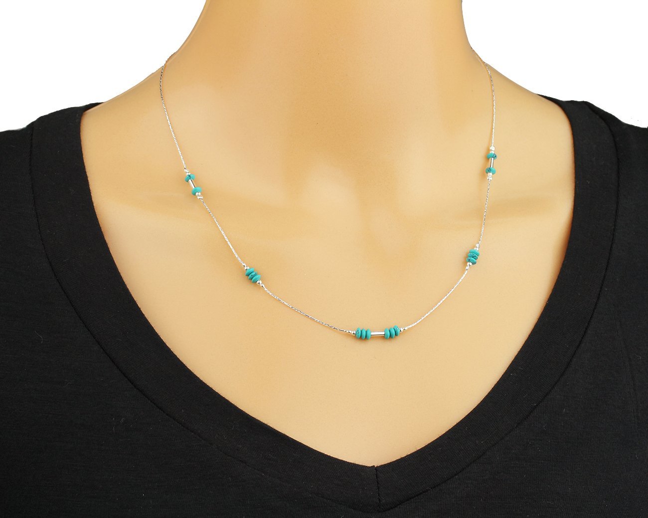 Graceful 925 Sterling Silver Compressed Turquoise Beads Necklace - 18