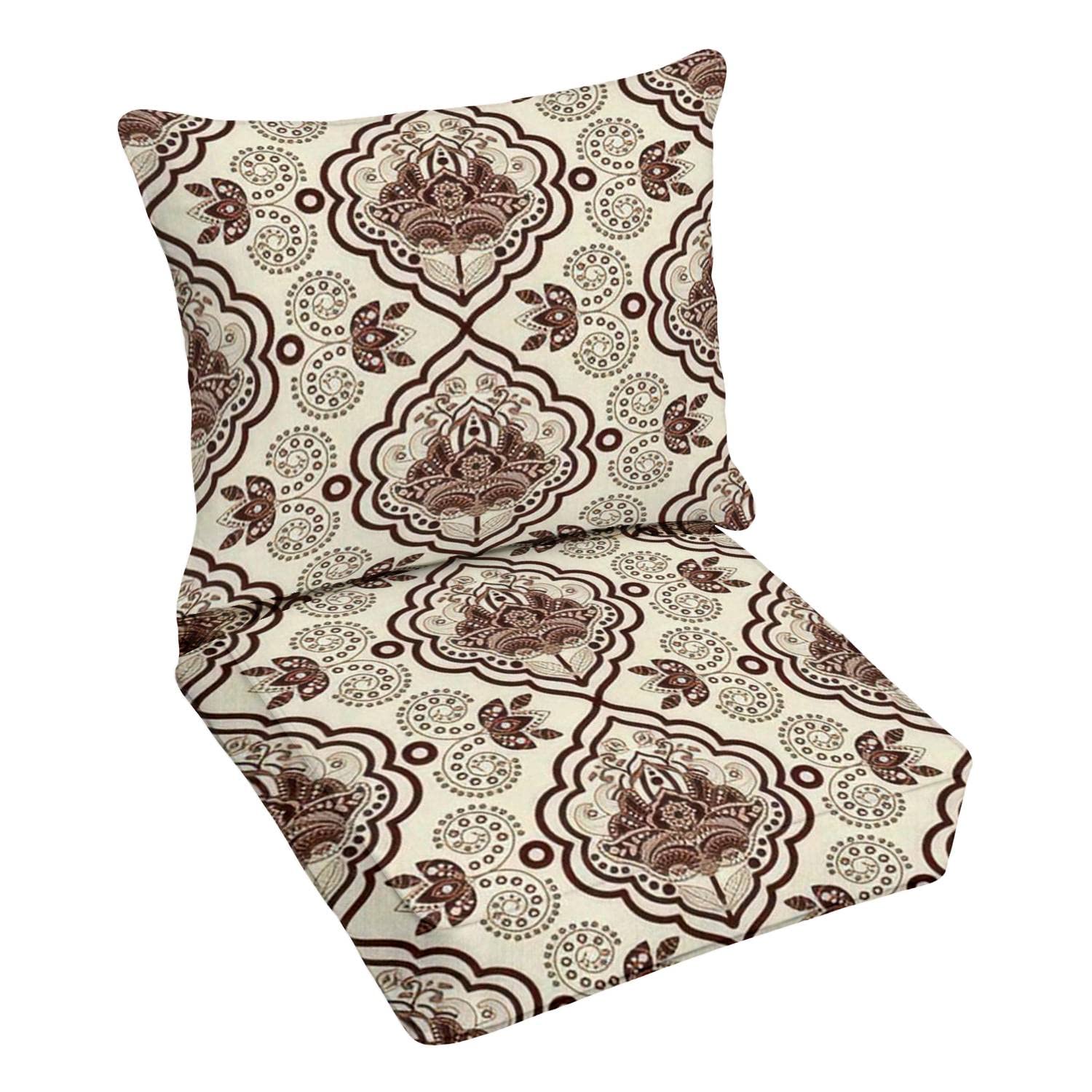Premium Outdoor Deep Seating Cushion Set - Damask Seamless Monochrome Vintage Design - Replacement Cushions for Patio Lounge Chairs - Perfect for Backyard, Poolside & Garden Conversation Areas