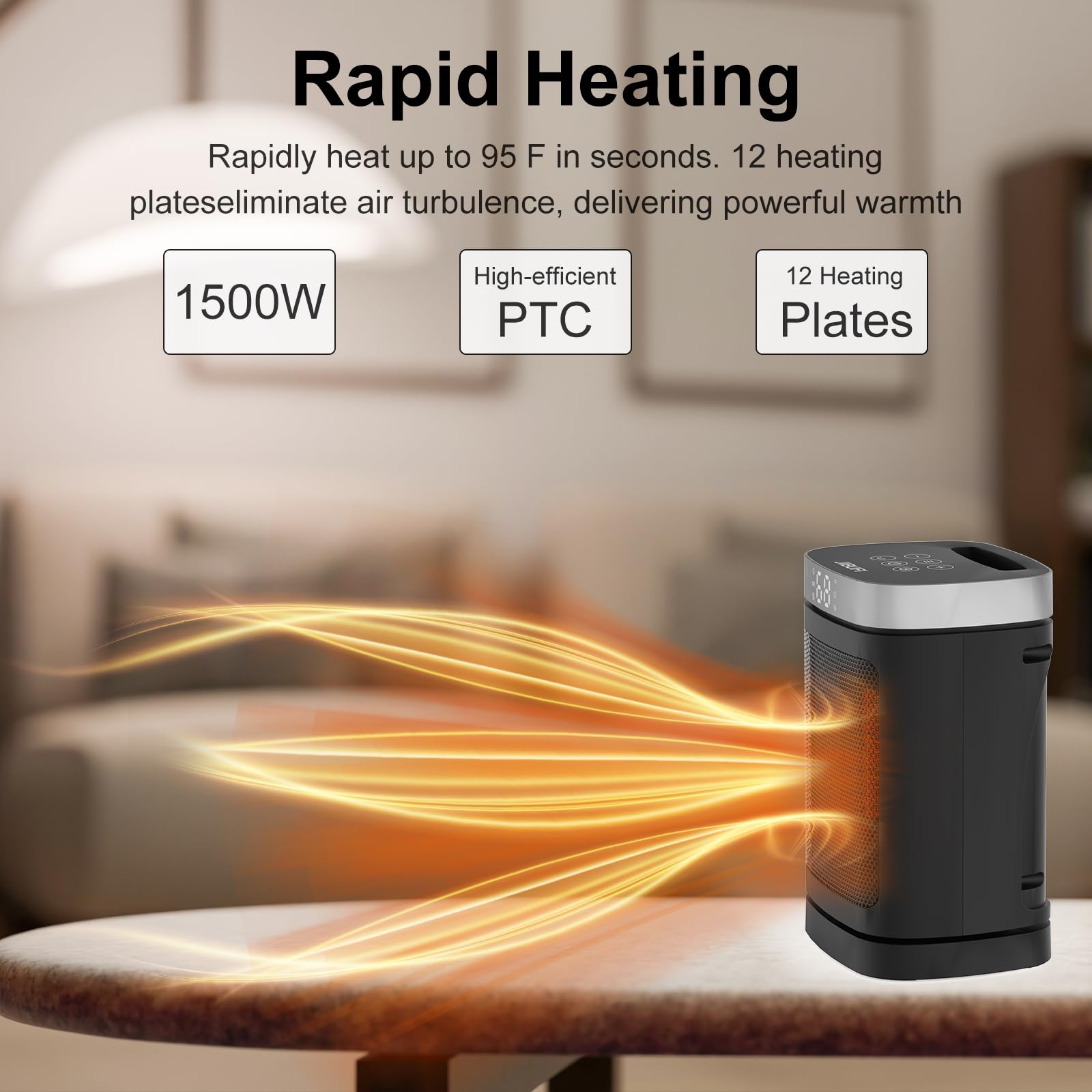 JIBUFI 1500W PTC Electric Space Heater - Small Portable Indoor Heater with 70° Rotation, Fast & Safe Heating, Remote Control, 1-12 Hour Timer - Perfect for Bedroom, Office, Home & Winter Use (Silver)