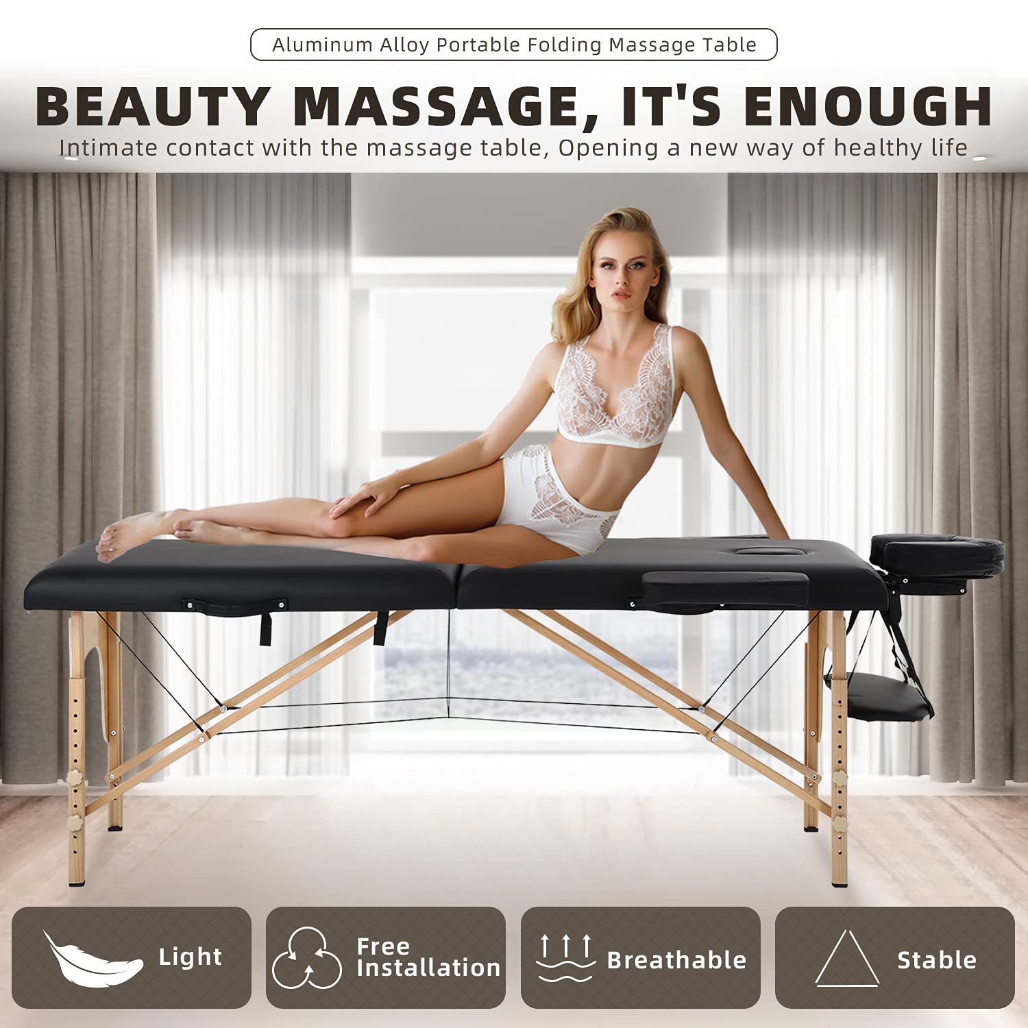 HCY 73 Inch Portable Massage Table - Adjustable Height Wooden Leg Folding Massage Bed with Carry Case for SPA, Salon & Tattoo (Black) | Perfect for Professional Therapists, Home Use & Mobile Services