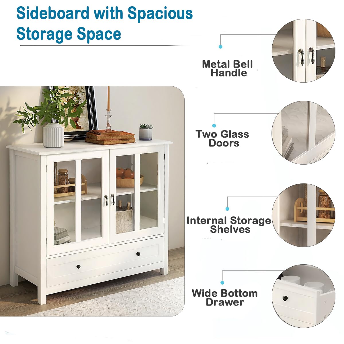 Henf Kitchen Sideboard Buffet Storage Cabinet - Freestanding Floor Cupboard with Double Glass Doors, Drawer & Adjustable Shelves | Perfect for Dining Room, Kitchen Storage & Home Organization | Ideal for Storing Dishes, Linens & Serving as Buffet Table