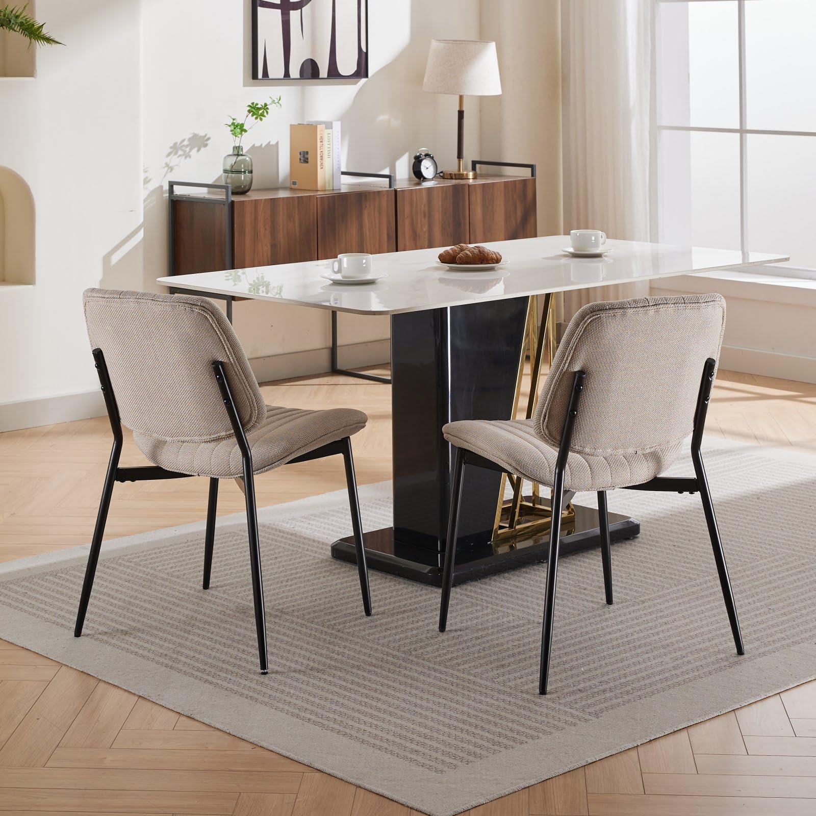 Mid-Century Modern Dining Chairs Set of 2 - Upholstered Retro Linen Chairs with Walnut Bentwood Back & Metal Legs, Adjustable Feet for Kitchen, Dining Room - Beige Vertical Stripes (Perfect for Small Spaces & Contemporary Home Decor)