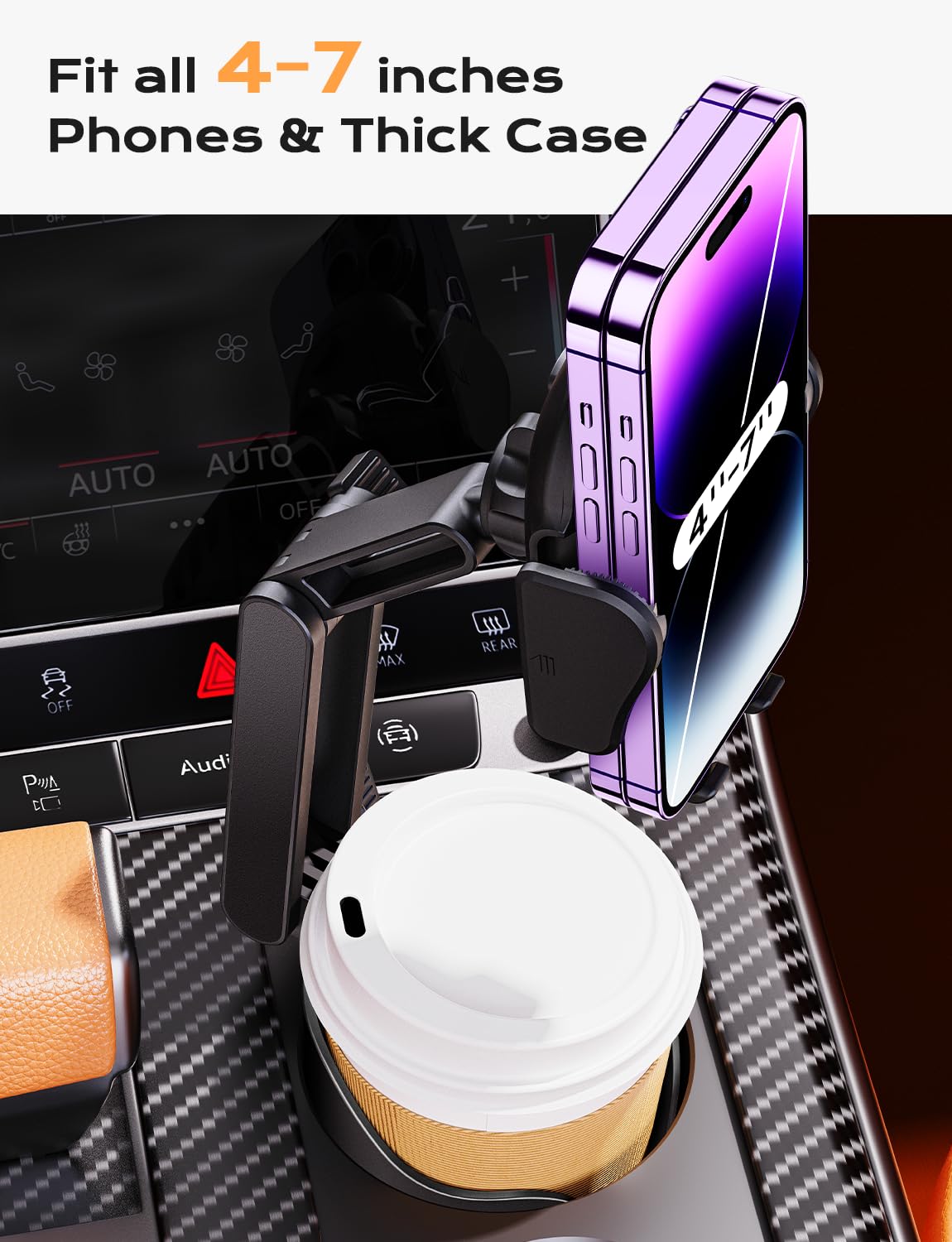 2-in-1 Car Cup Holder and Phone Mount - Adjustable Height, Sturdy Grip for 4-7 Inch Phones, Compatible with Most Beverage Bottles | Perfect for Road Trips, Commuting, and Hands-Free Navigation
