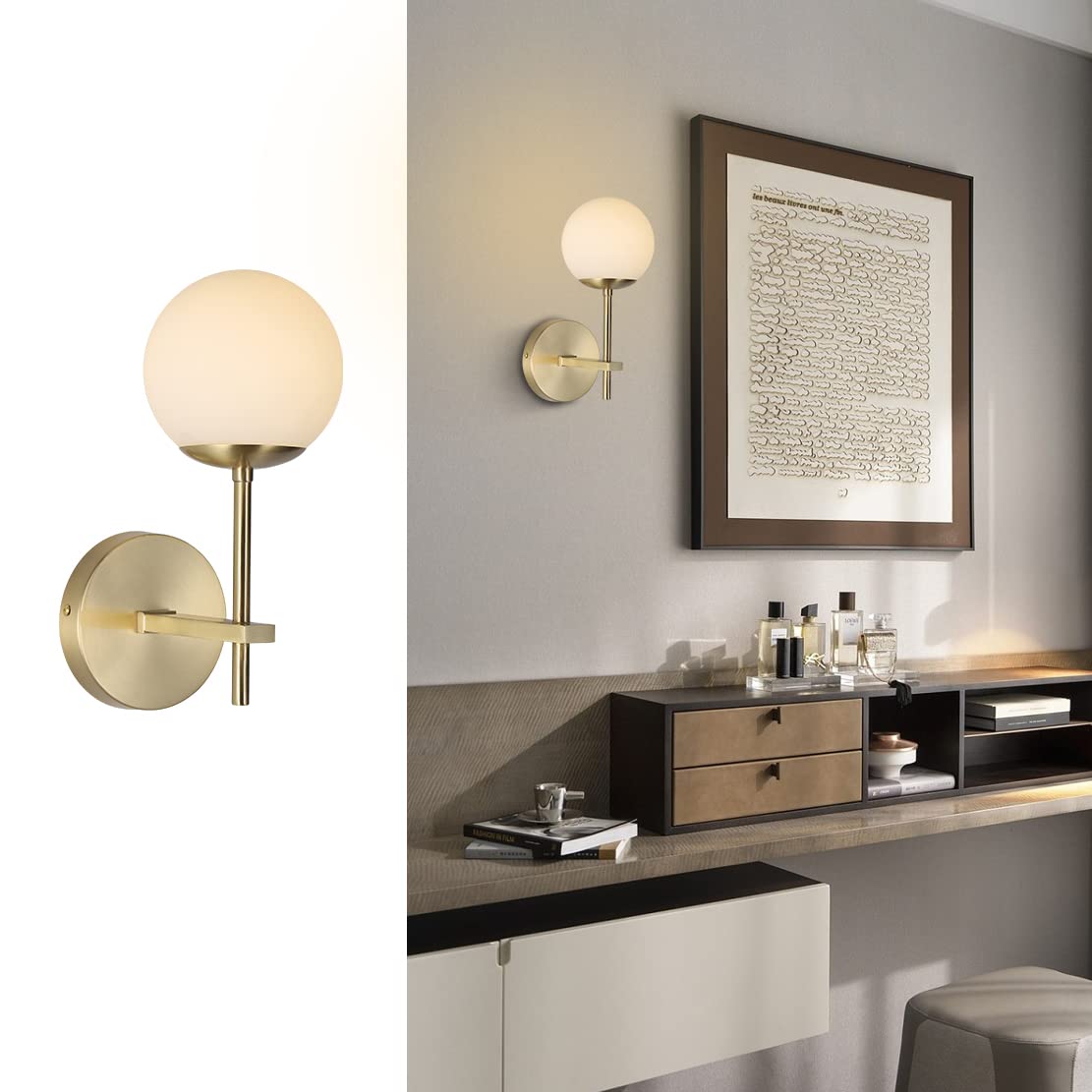 Vintage Brushed Gold Wall Sconce - Mid Century Modern 1-Light Globe Round Wall Light Fixture with Frosted White Glass for Bathroom Vanity, Bar, Living Room & Bedroom Lighting
