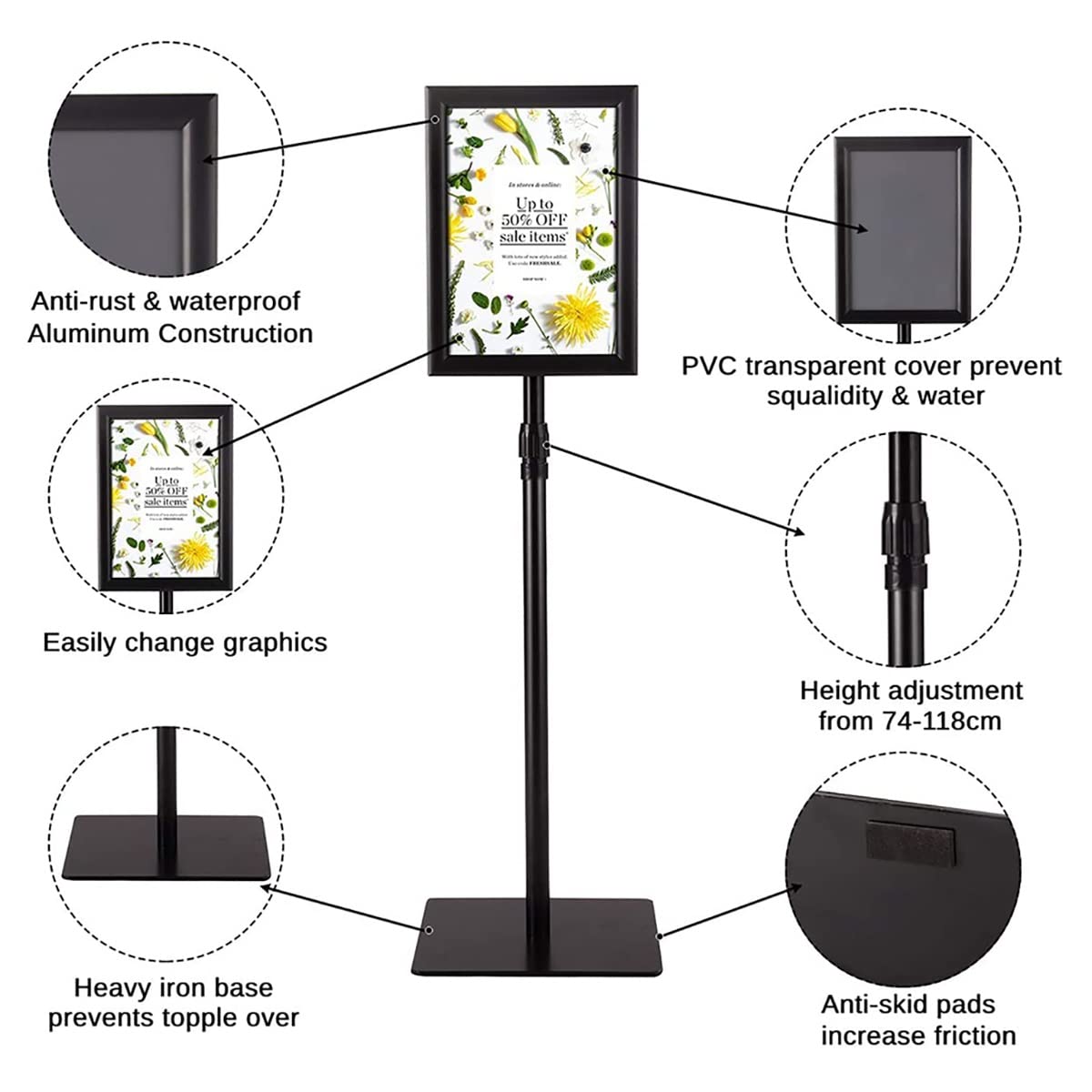 Black Metal A4 Floor Sign Holder - Adjustable Pedestal Poster Stand for Advertising, Menu Display & Retail Signage - Free Standing Landscape Sign Rack with Flat Base - Perfect for Restaurants, Stores & Trade Shows
