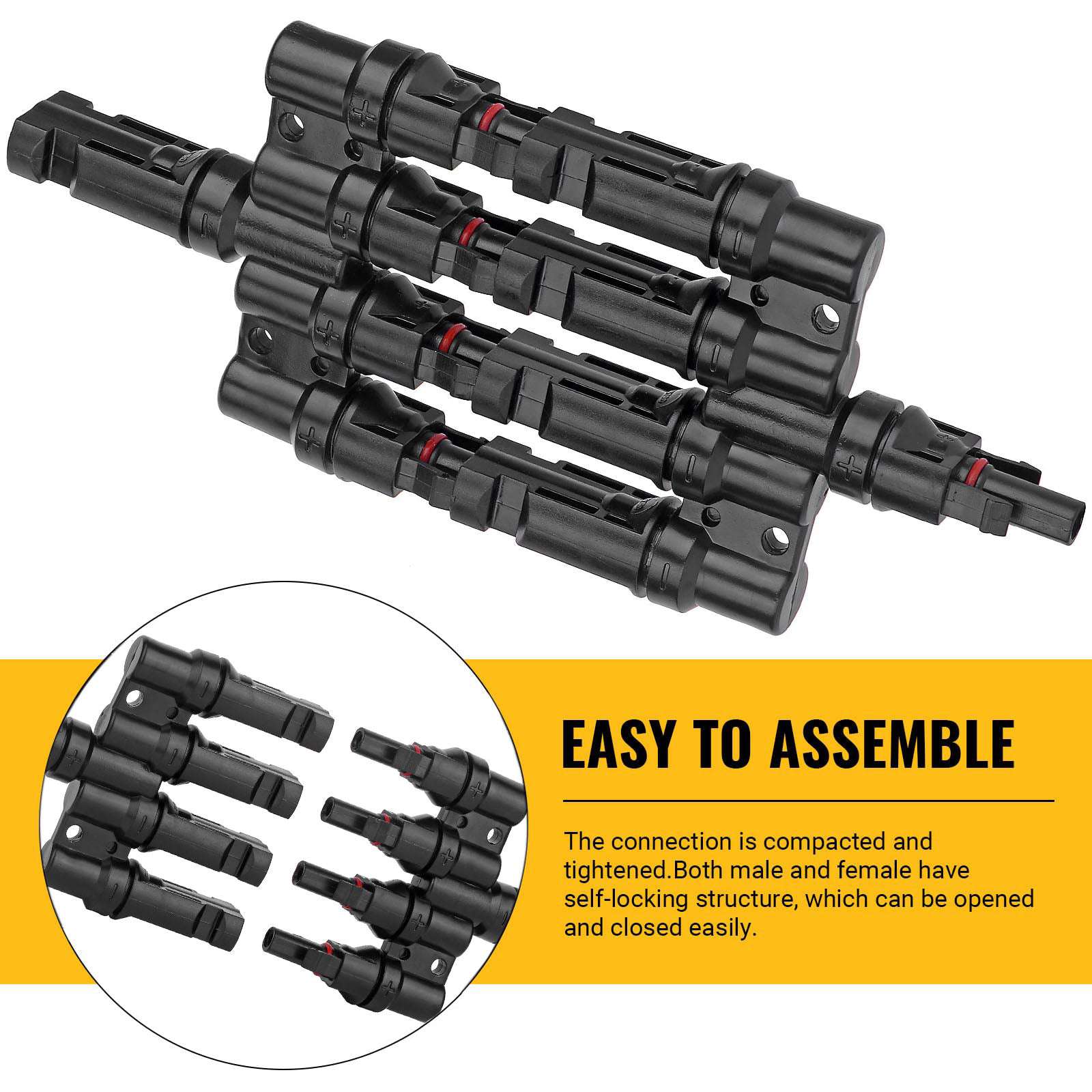 4-in-1 Waterproof T Branch Solar PV Panel Connector - Male & Female MC4 Cable Connectors for Solar Panel Wiring & Parallel Connections - Ideal for RV, Off-Grid & Home Solar Systems