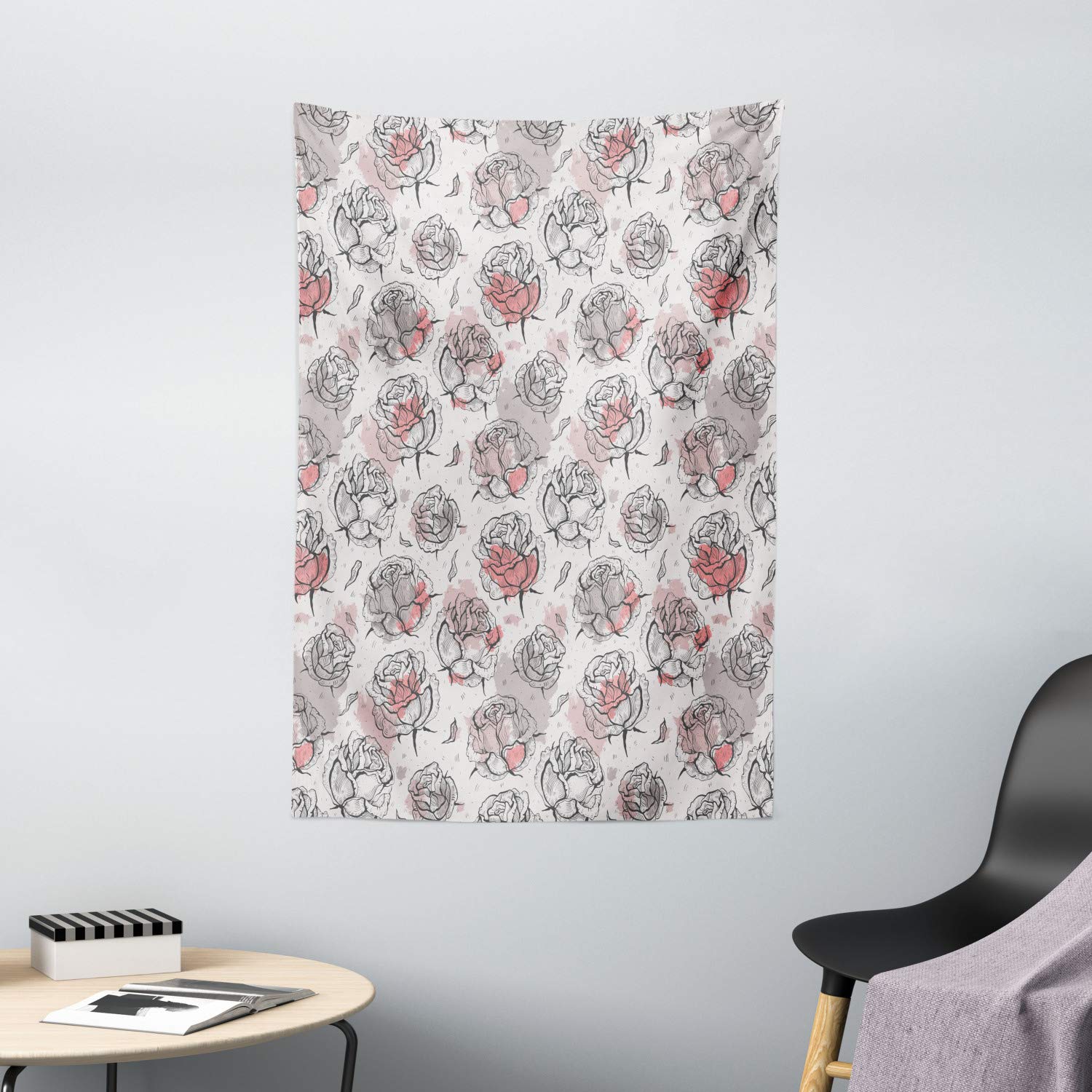 Ambesonne Rose Floral Tapestry Wall Hanging - Romantic Pastel Blossom Design for Bedroom, Living Room & Dorm Decor - 40x60 Inches in Pale Rose Coral Grey - Perfect for Boho Chic Home Decor & Wedding Backdrop