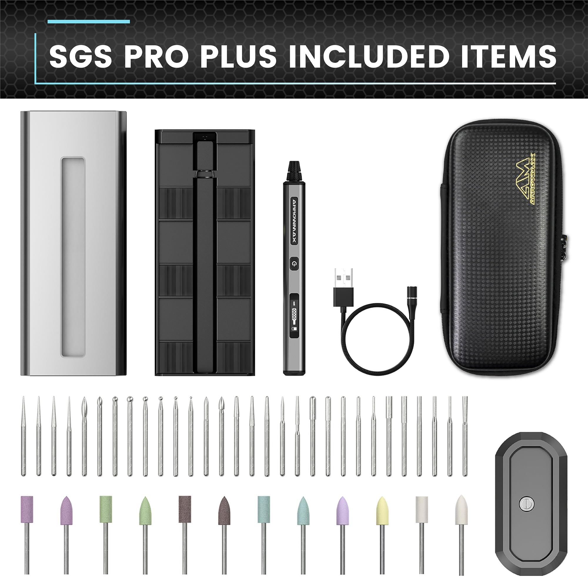 AM ARROWMAX Mini Engraving Pen - Professional Rotary Tool Kit with 42 Bits & Smart Motion Control | OLED Display & APP Connectivity | Includes Aluminum Case, Magnetic Charger & Tool Bag | Perfect for Jewelry Making, Wood Carving, Glass Engraving & DIY Crafts (SGS PRO Plus) | Ideal for Home Projects, Artisan Gifts & Professional Jewelry Design
