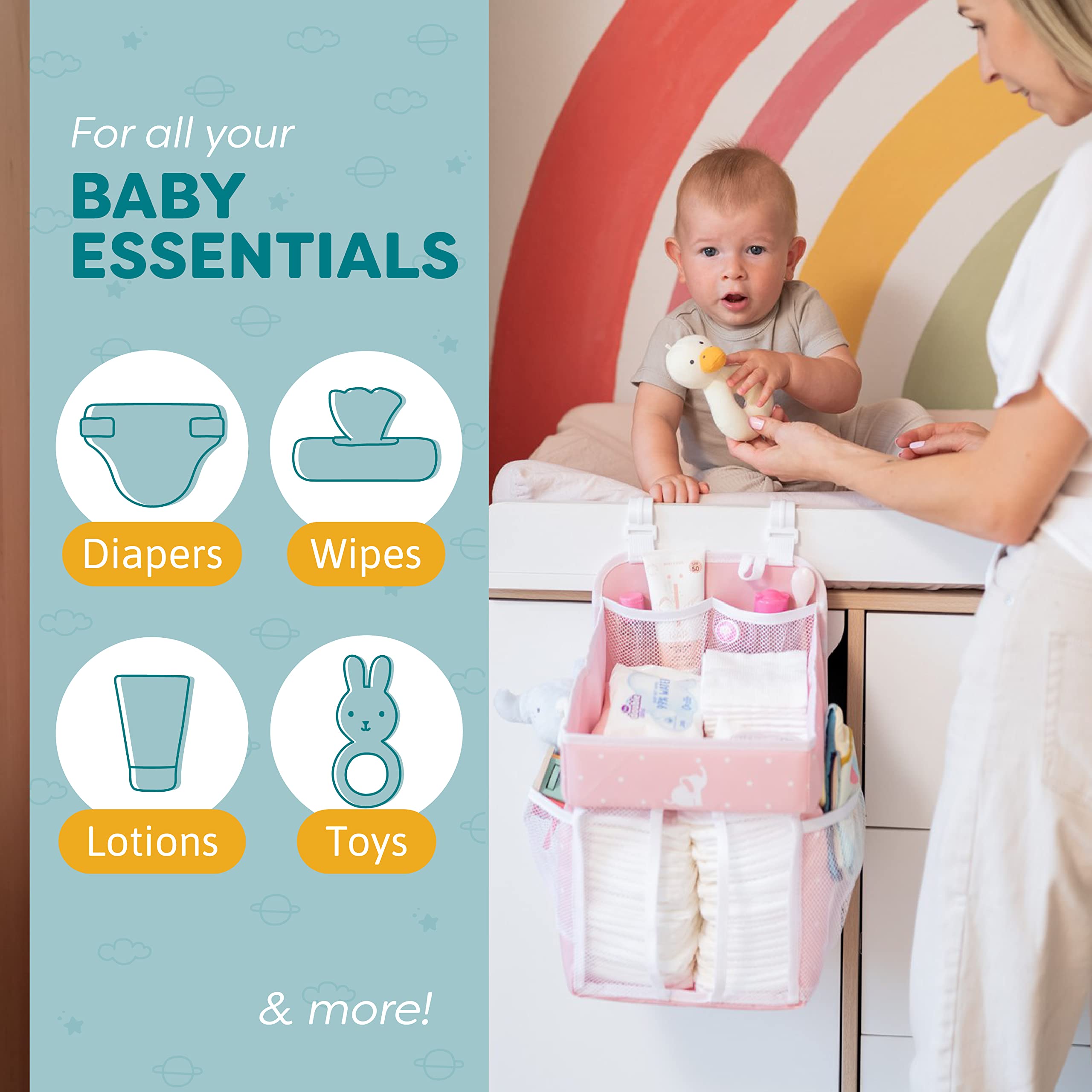 Hanging Diaper Caddy Organizer - Baby Shower Gift for Changing Table - Holds 50+ Diapers & Baby Essentials - Nursery Storage for Newborns - Pink (17x9x9 Inches) - Perfect for Diaper Changing Station & Nursery Organization