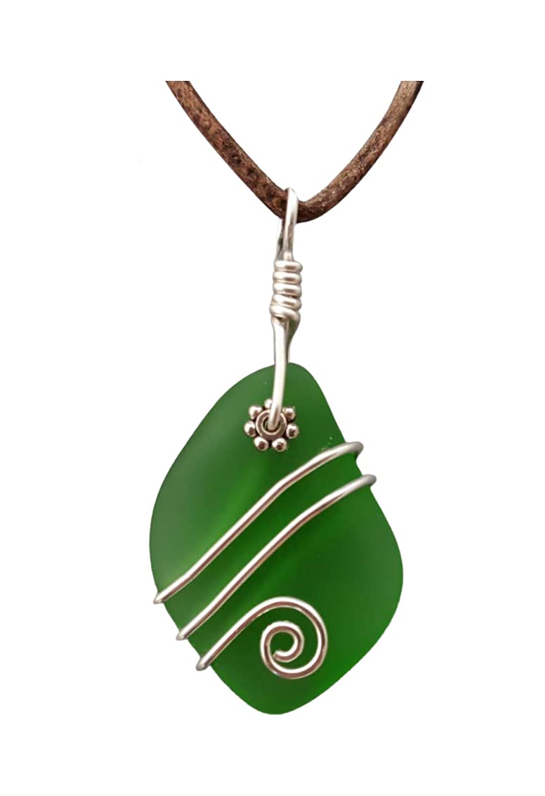 Handmade Hawaiian Necklace - Unisex Ocean Jewelry with Leather Cord & Wire Wrapped Sea Glass, May Birthstone Emerald Green Gift for Women & Men | Perfect for Beach Weddings, Birthday Presents & Tropical Vacations