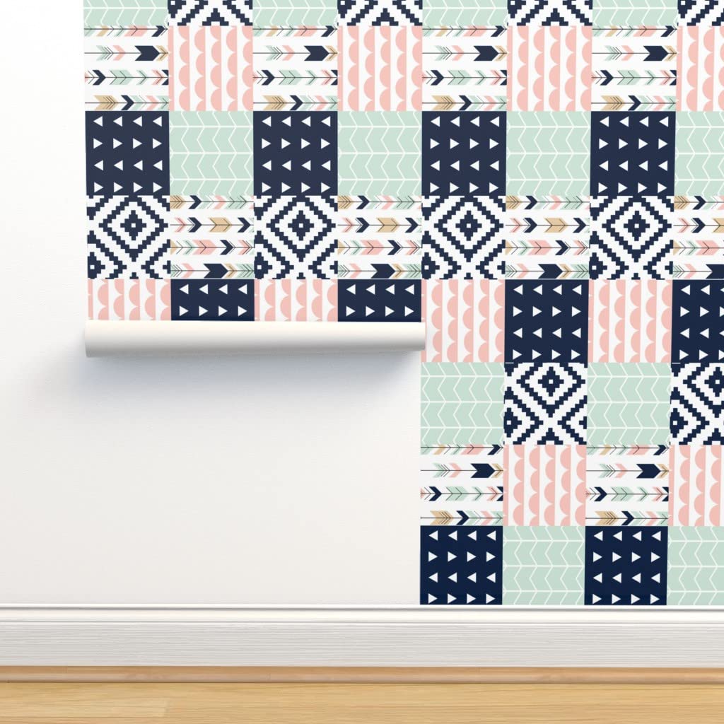 Removable Wallpaper 12ft x 2ft - Navy Blue Woodland Patchwork Design with Scalloped Edges | Pre-Pasted Peel & Stick Wallpaper by Spoonflower | Perfect for Nursery, Bedroom, or Home Office Decor
