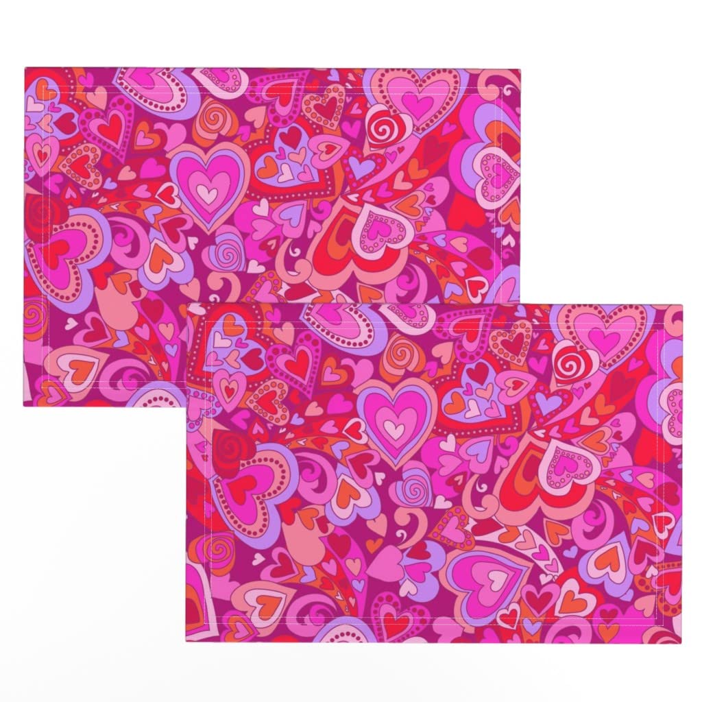 Linen Cotton Canvas Placemats Set of 2 - Pink Red Retro Dots Love Romantic Print Table Mats for Dining, Kitchen Decor | Spoonflower Washable Placemats for Valentine's Day, Anniversary & Romantic Dinner Settings