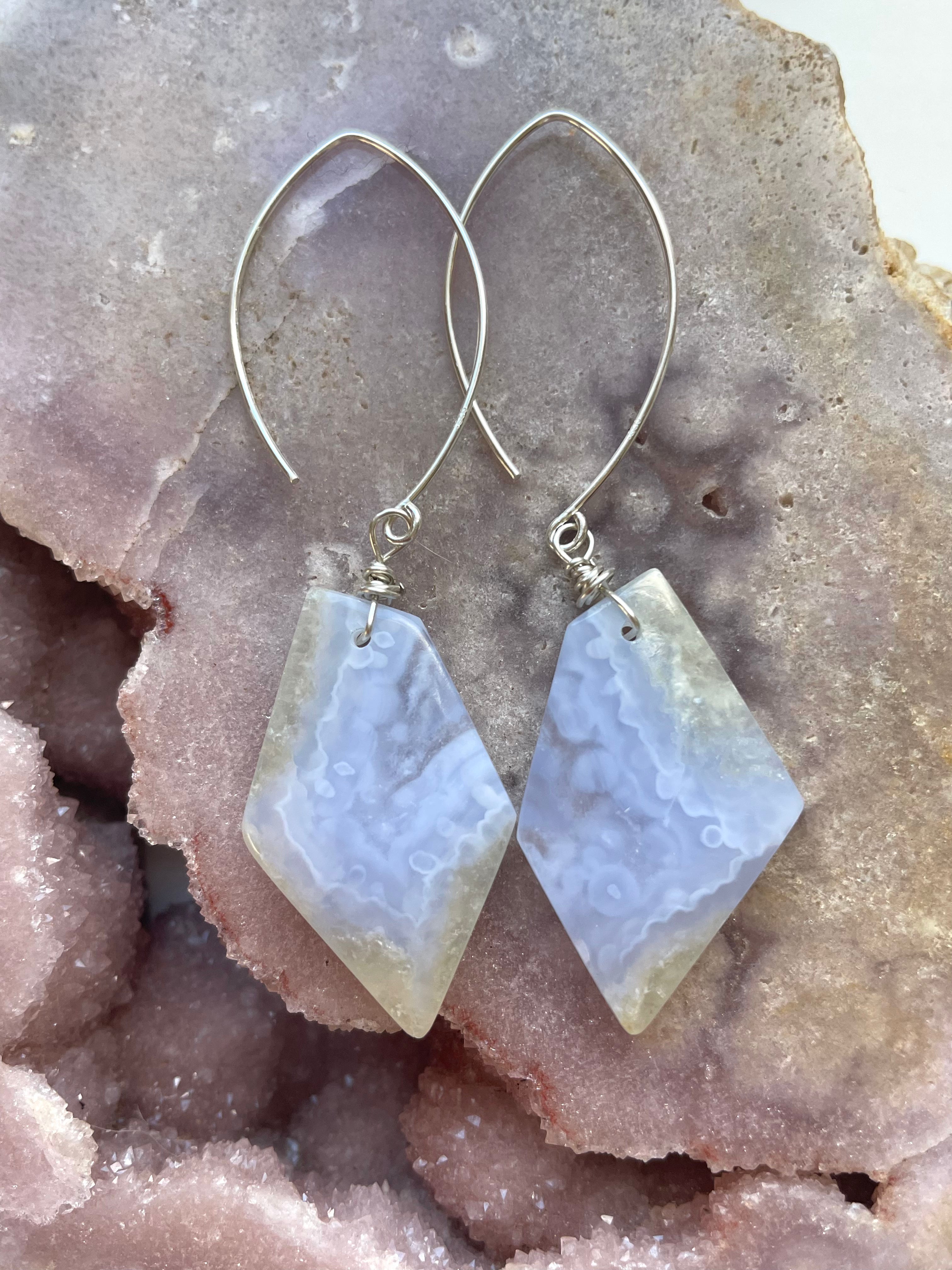 Blue Lace Agate Statement Earrings Sterling Silver - Elegant Dangle Earrings for Women, Handmade Jewelry Gift for Her - Perfect for Weddings, Parties & Special Occasions
