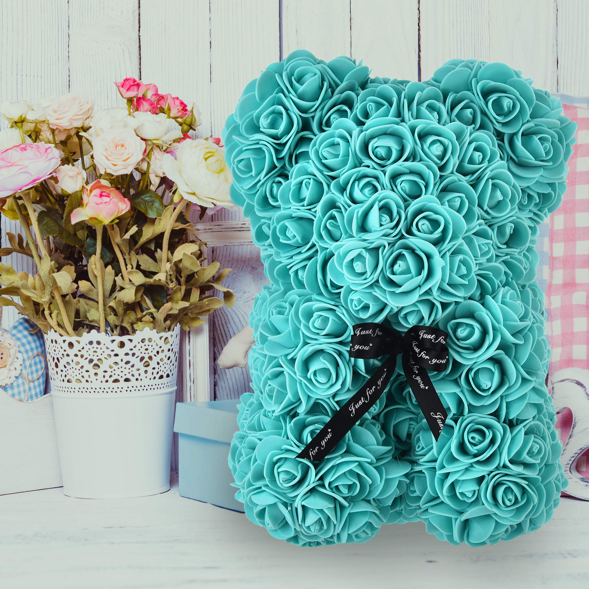 Eternal Rose Bear - Forever Rose Teddy Bear with Everlasting Flowers, Tiffany Blue Gift for Valentine's Day, Anniversary & Christmas | Romantic Home Decor & Window Display