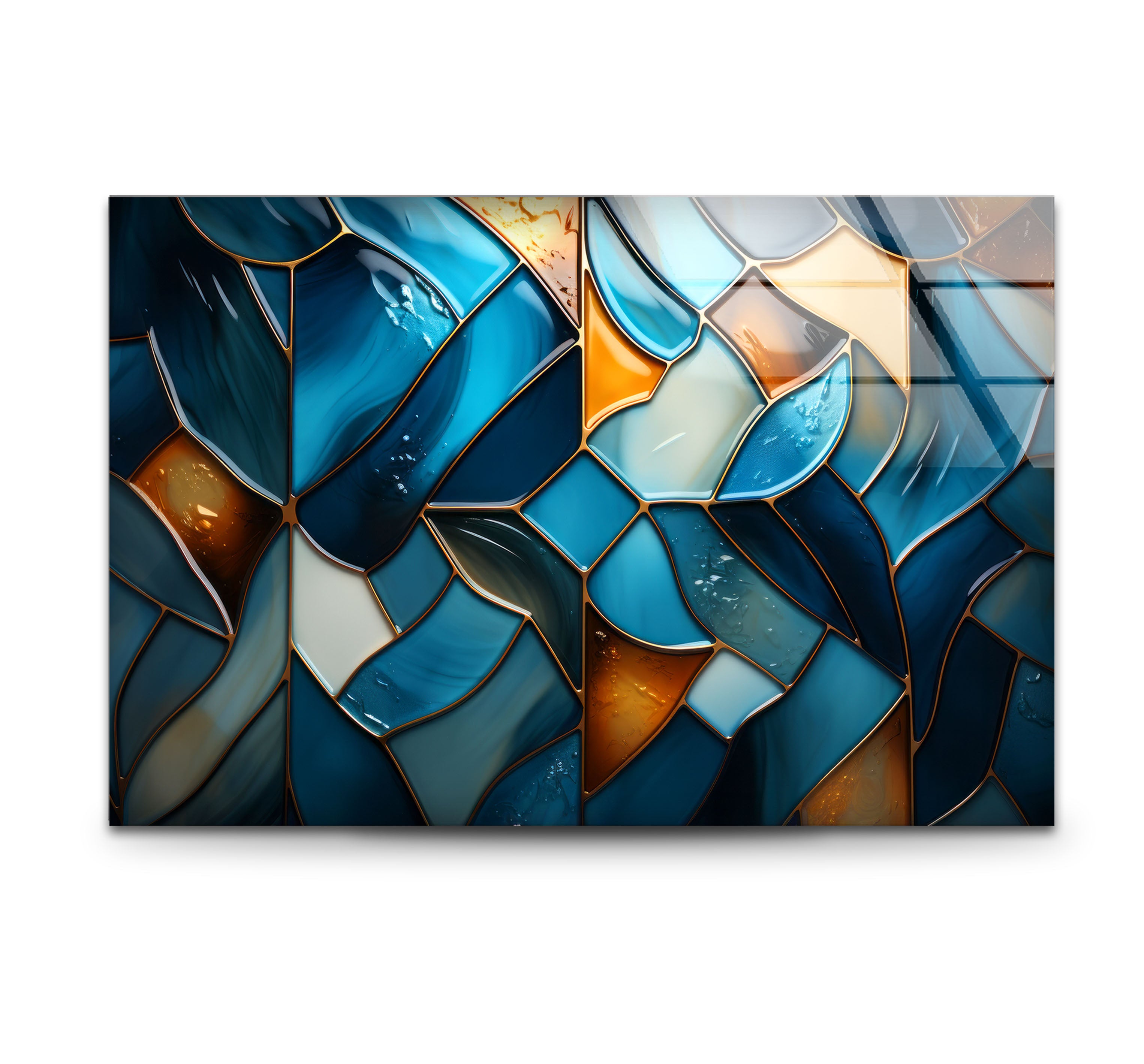 Blue Stained Glass Wall Art - Abstract Mosaic Glass Print Decor for Living Room, Bedroom & Office | Handmade Modern Home Decor