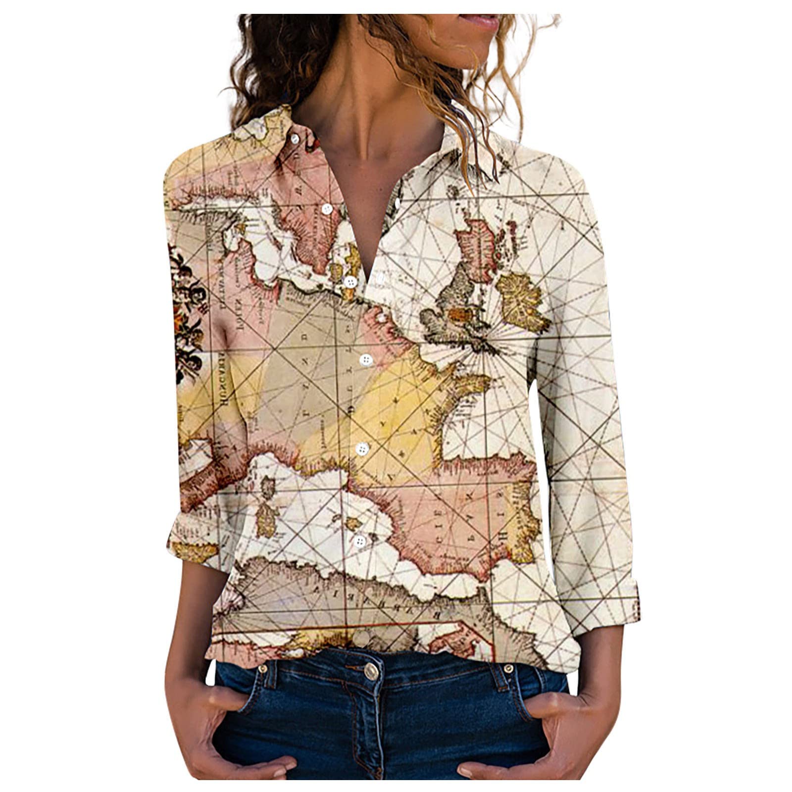 Women's Casual Button Henley Shirts - Gym Tunic Summer Long Sleeve Tops with Cool Loose Fit & Thin Print - Perfect for Workouts, Yoga, and Summer Outings