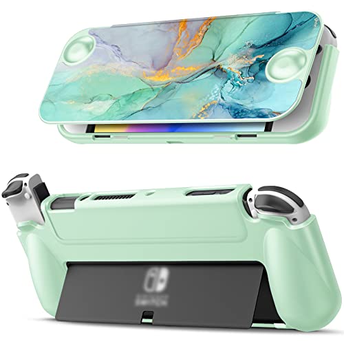 Fintie Flip Case for Nintendo Switch OLED Model 2021 - Slim Protective TPU Shell with Magnetic Detachable Cover & Ergonomic Grip | Screen Safe Design | Emerald Marble Color | Perfect for Travel, Gaming On-The-Go & Home Entertainment