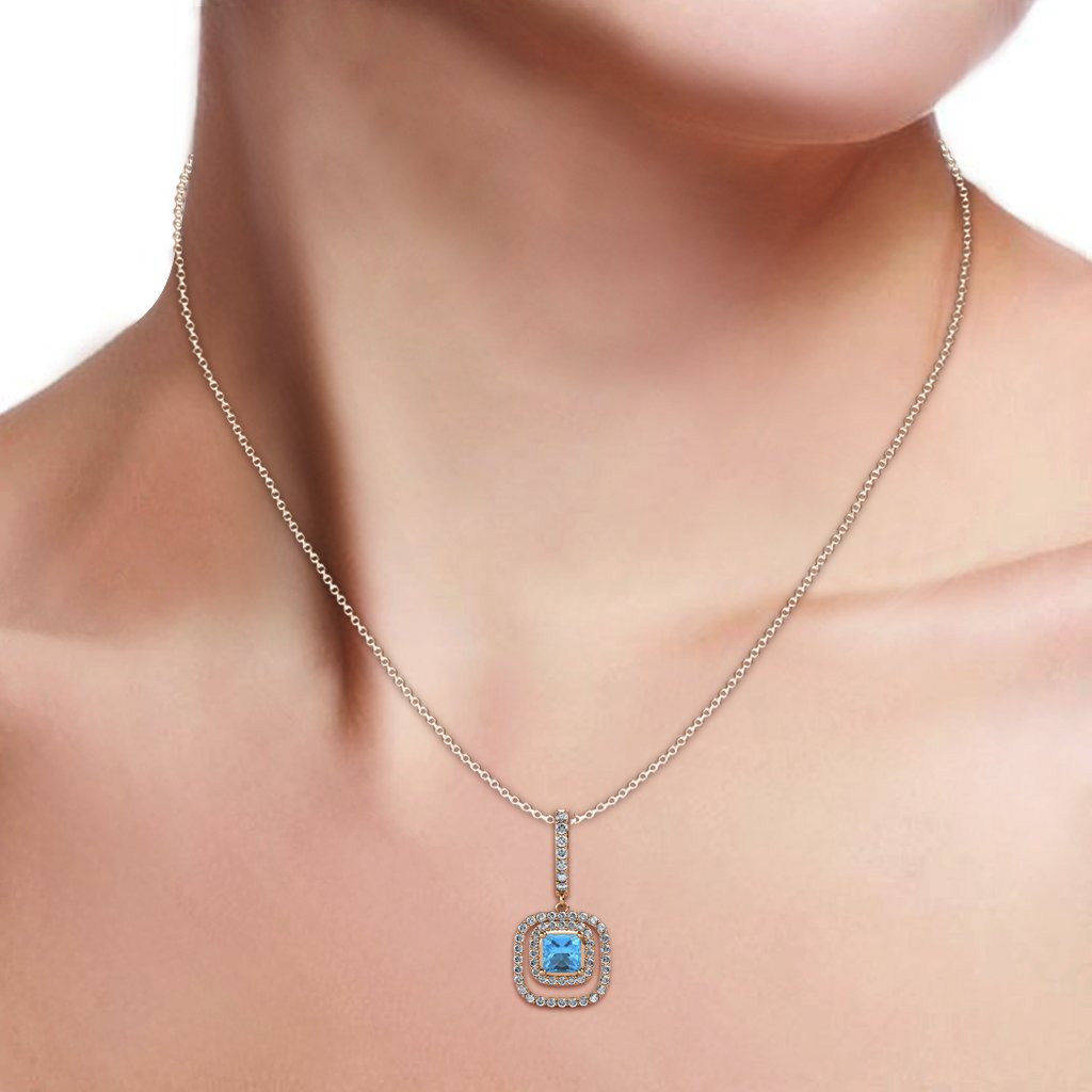 14K Rose Gold Blue Topaz and Diamond Halo Pendant Necklace for Women - 0.68ctw, 18