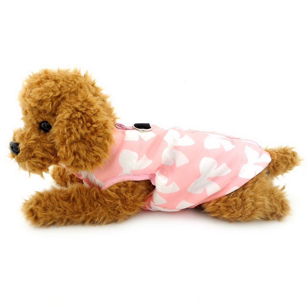SELMAI Winter Dog Coat with Harness Hole - Pink Bow Print Small Dog Jacket for Cold Weather, Walking & Outdoor Activities