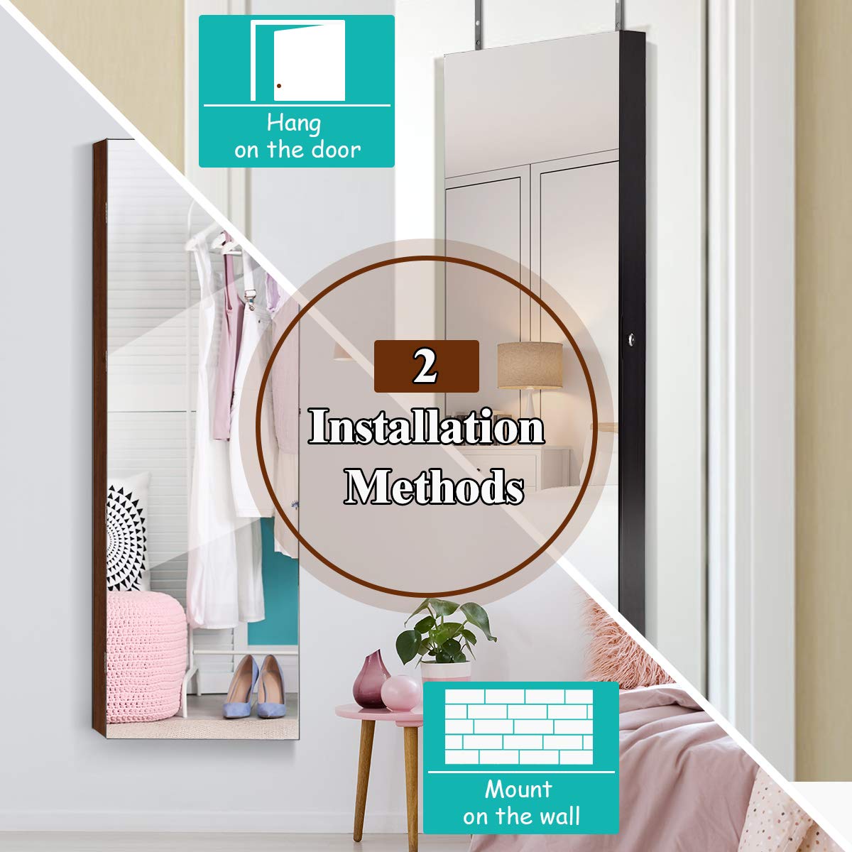 Wall Mounted Jewelry Armoire with Full-Length Mirror & LED Lights - Lockable Jewelry Organizer Cabinet with Scarf Rod, 36 Hooks & Makeup Pouch (Coffee) - Perfect for Bedroom Closet, Dorm Room & Travel Storage