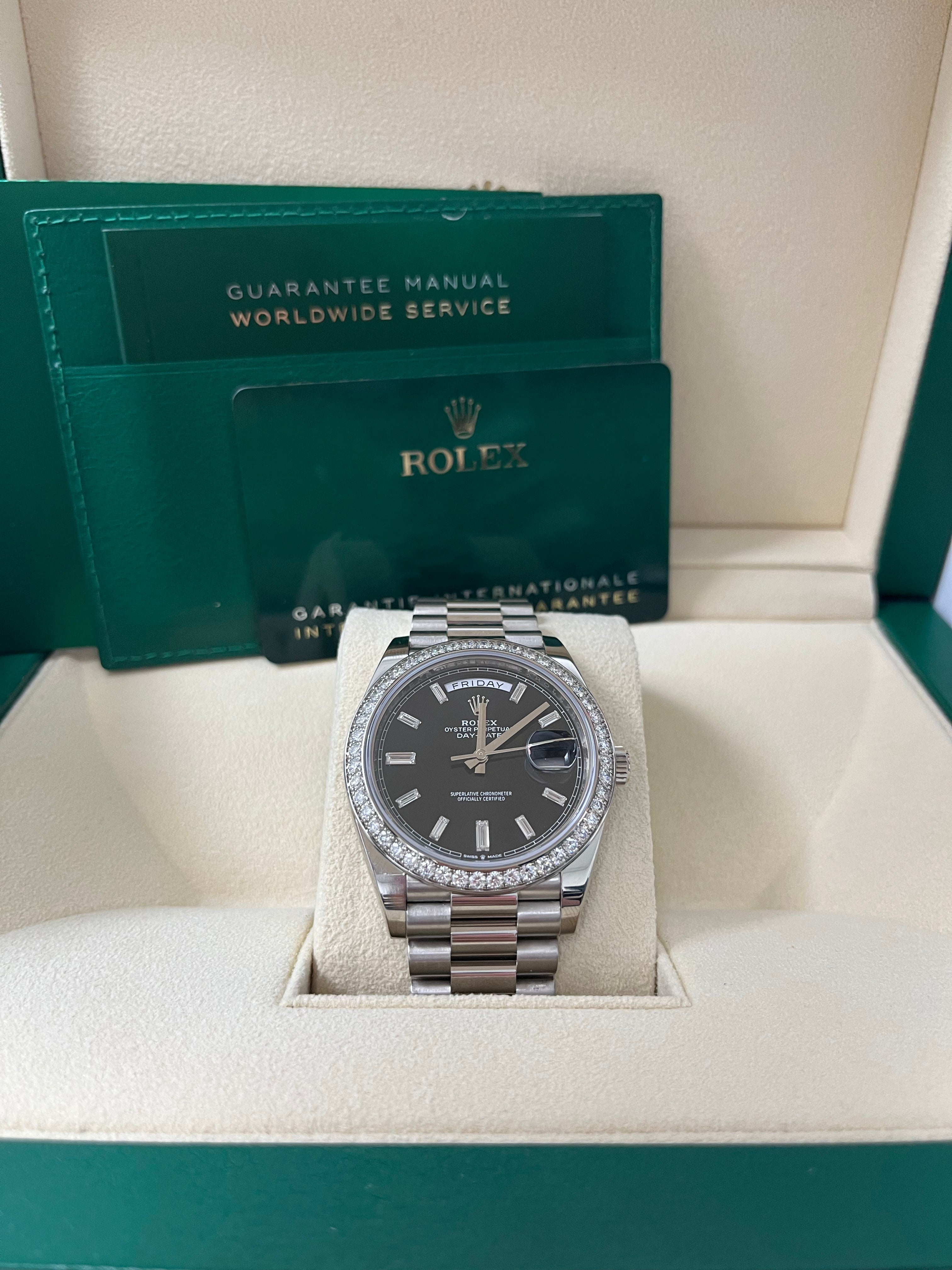 Rolex Day Date 40 White Gold Men's Watch with Black Baguette Diamond Dial & Fluted Bezel - Luxury Dress Watch for Business & Formal Occasions