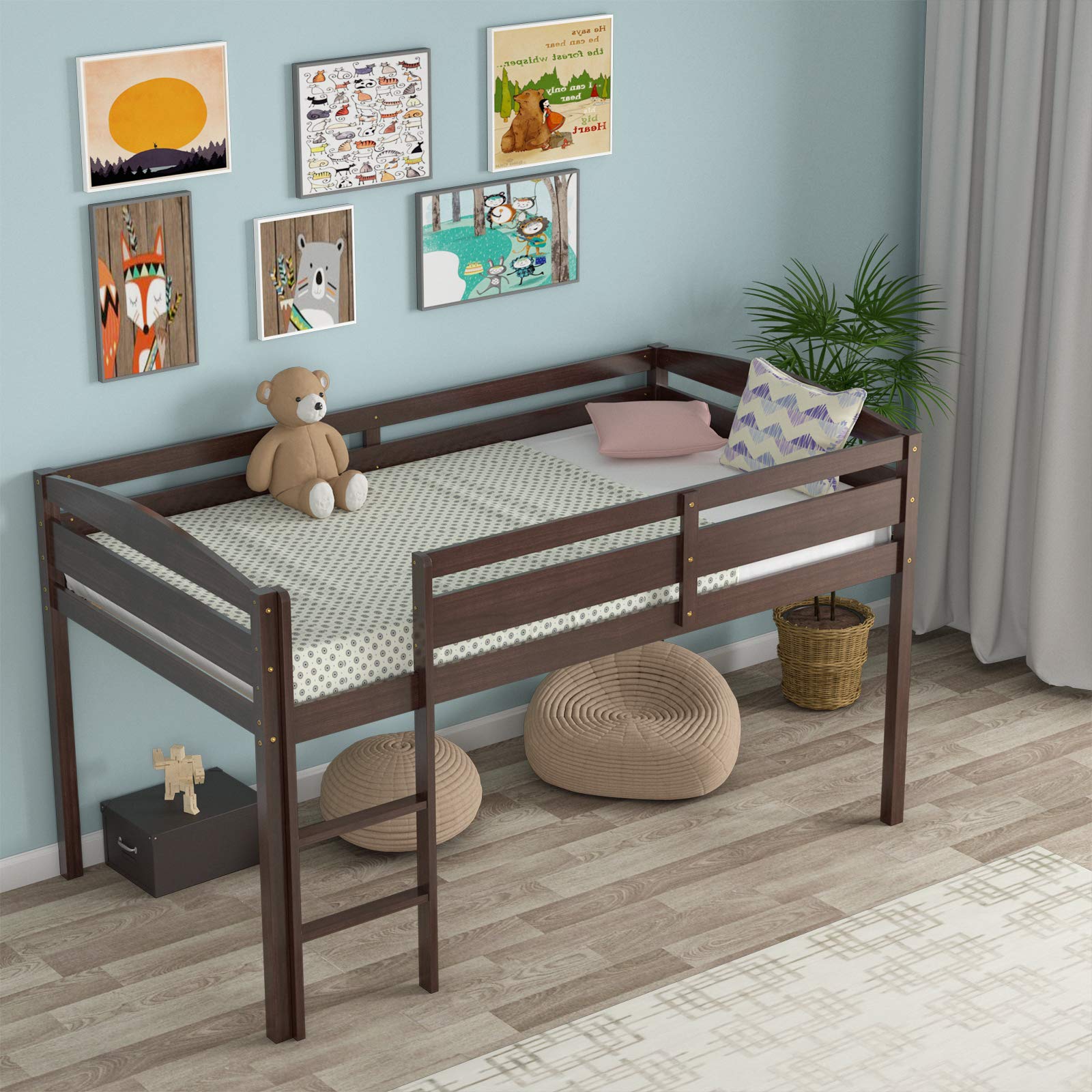 Costzon Twin Loft Bed with Guard Rail & Ladder - Solid Wood Low Loft Bed for Kids Room, No Box Spring Needed - Classic Children's Bed with Storage in Espresso Finish - Perfect for Small Bedrooms, Dorm Rooms & Space-Saving Kids Furniture