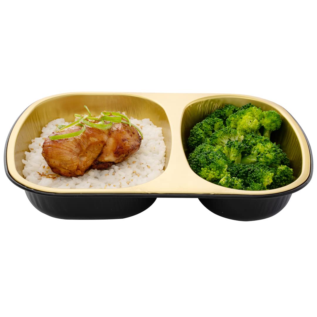 Restaurantware Foil Lux 28oz Aluminum Food Containers - 100 Pack Rectangle Foil Trays with 2 Compartments (Lids Sold Separately) | Oven-Safe Black & Gold Baking Pans for Meal Prep, Catering, Takeout & Party Serving