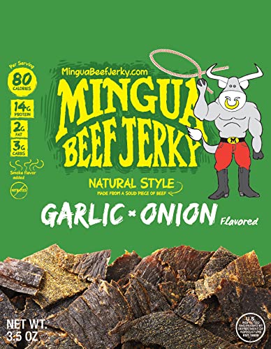 Mingua Beef Jerky Variety Pack - 2 Mild & 2 Garlic Onion Flavors (14 oz Total, 4 Bags) | High Protein Snack for Hiking, Camping, Road Trips & Keto Diet