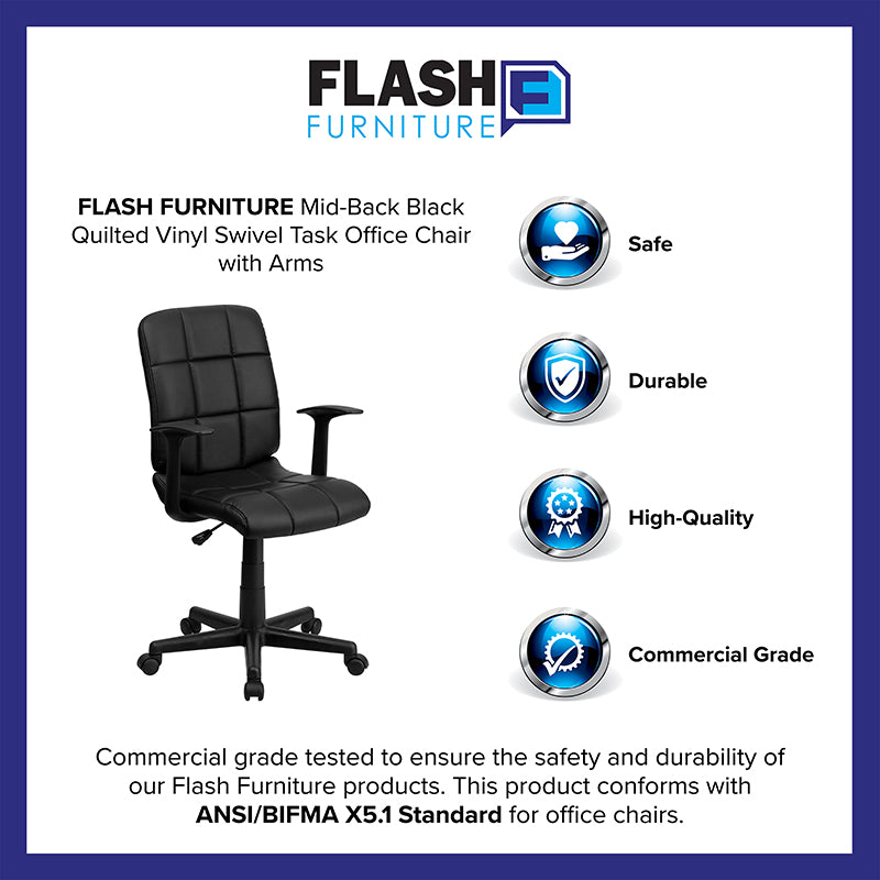 FLASH Clayton Mid Back Black Quilted Vinyl Swivel Task Office Chair with Arms - Ergonomic Desk Chair for Home Office, Computer Workstation & Conference Room