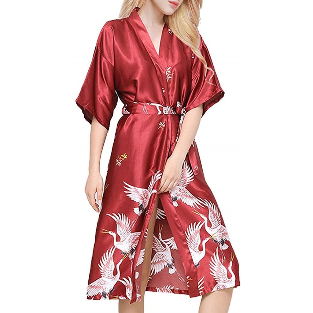 Luxury Satin Bathrobe for Women - Elegant Long Kimono Robe with Crane Print, Wedding Bridesmaid Nightgown, Sleepwear Loungewear (Color: A, Size: X-Large) - Perfect for Bridal Party, Spa Day, and Relaxing at Home